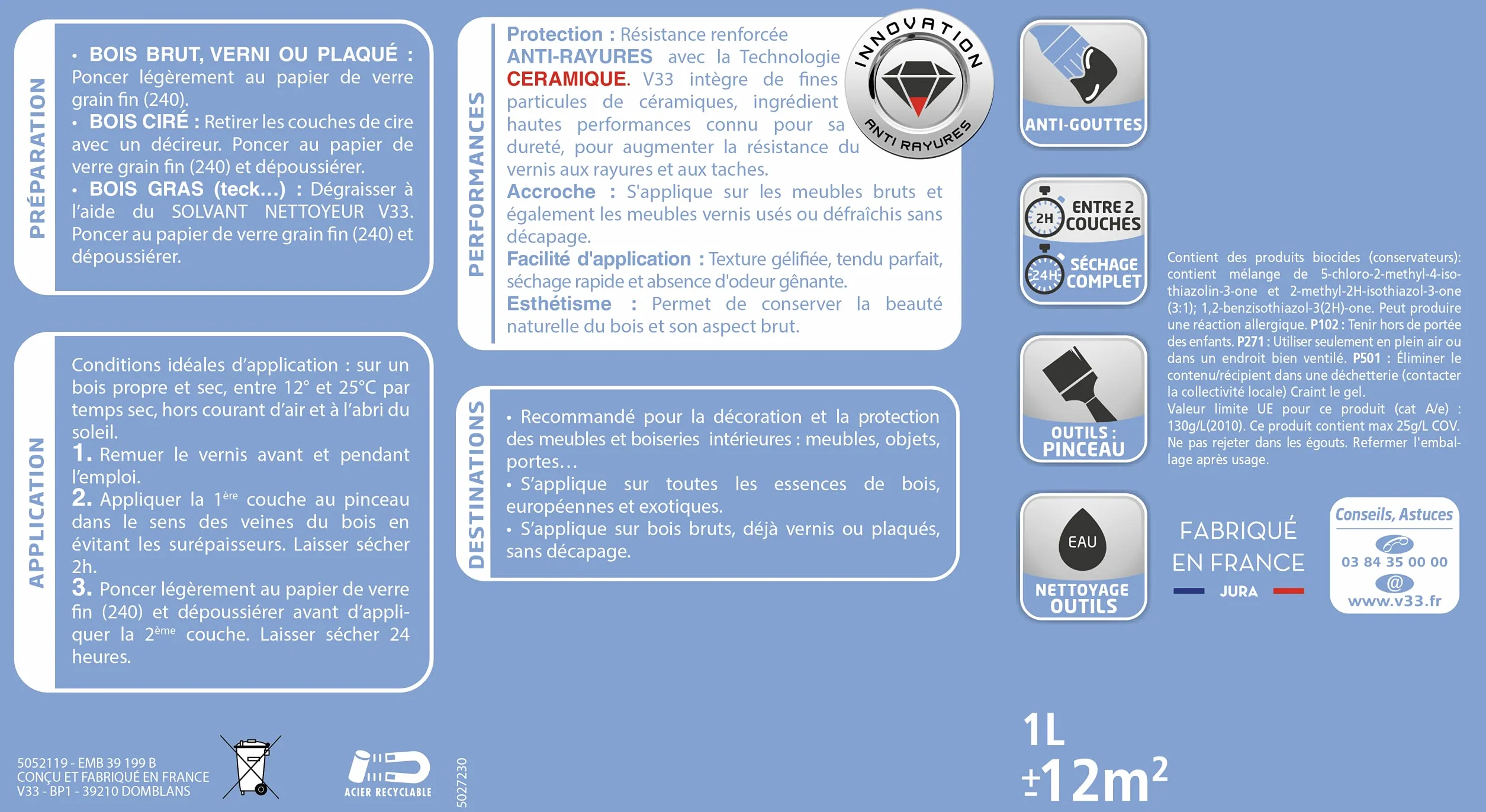 V33 Vernis intérieur Mat meubles boiseries Incolore 1L