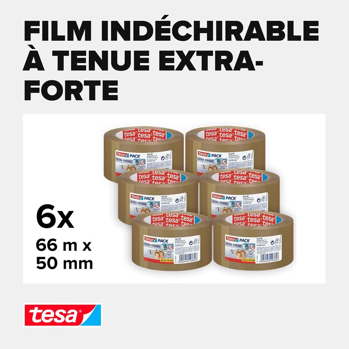 tesapack Ultra Strong Ruban Adhésif d'Emballage PVC 65m x 50mm Marron Lot de 6