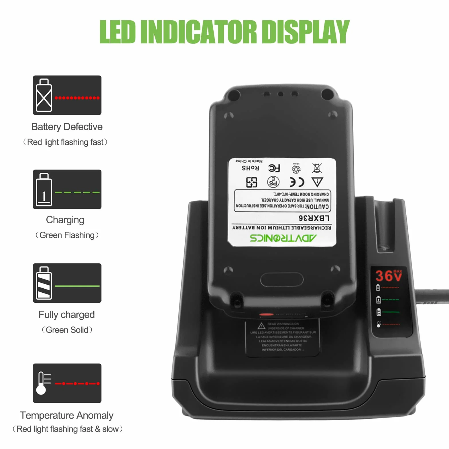 Chargeur Compatible Black Decker 36V 40V Batteries BL20362 BL2536 LBX2040 LBX36 LBXR36 LBXR2036 LBX1540 LBX2540 LST136W LST540 LCS1240 LCS36