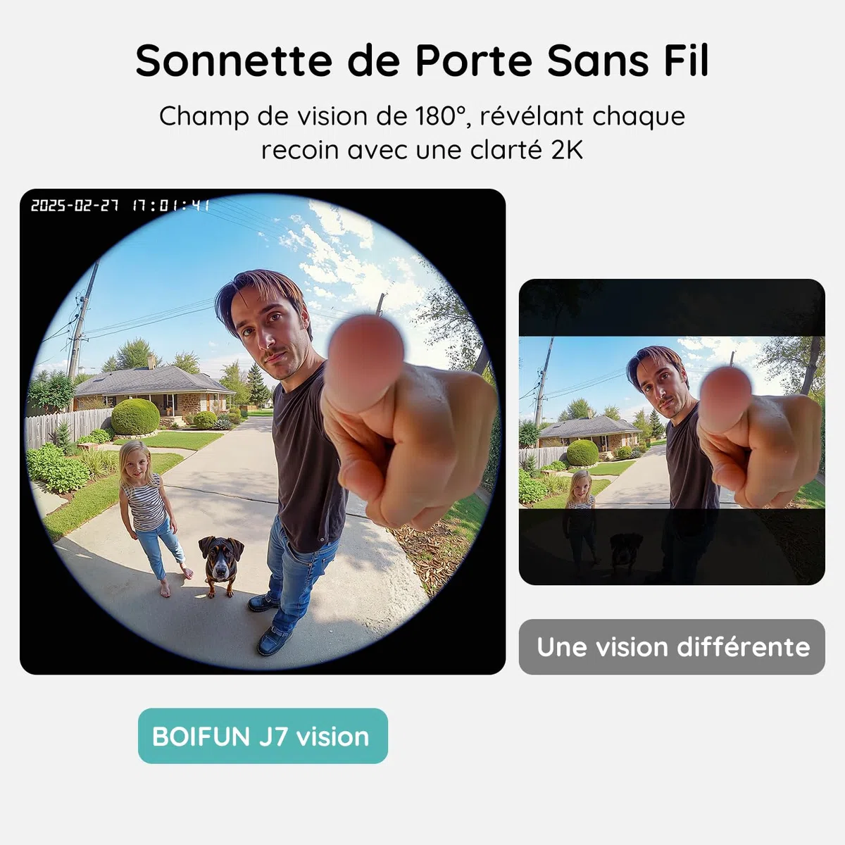 BOIFUN 2K 3MP Sonnette sans Fil Exterieur IP65 Etanche Vue Panoramique 180° Détection IA Compatible Alexa Wi-Fi 2,4 GHz