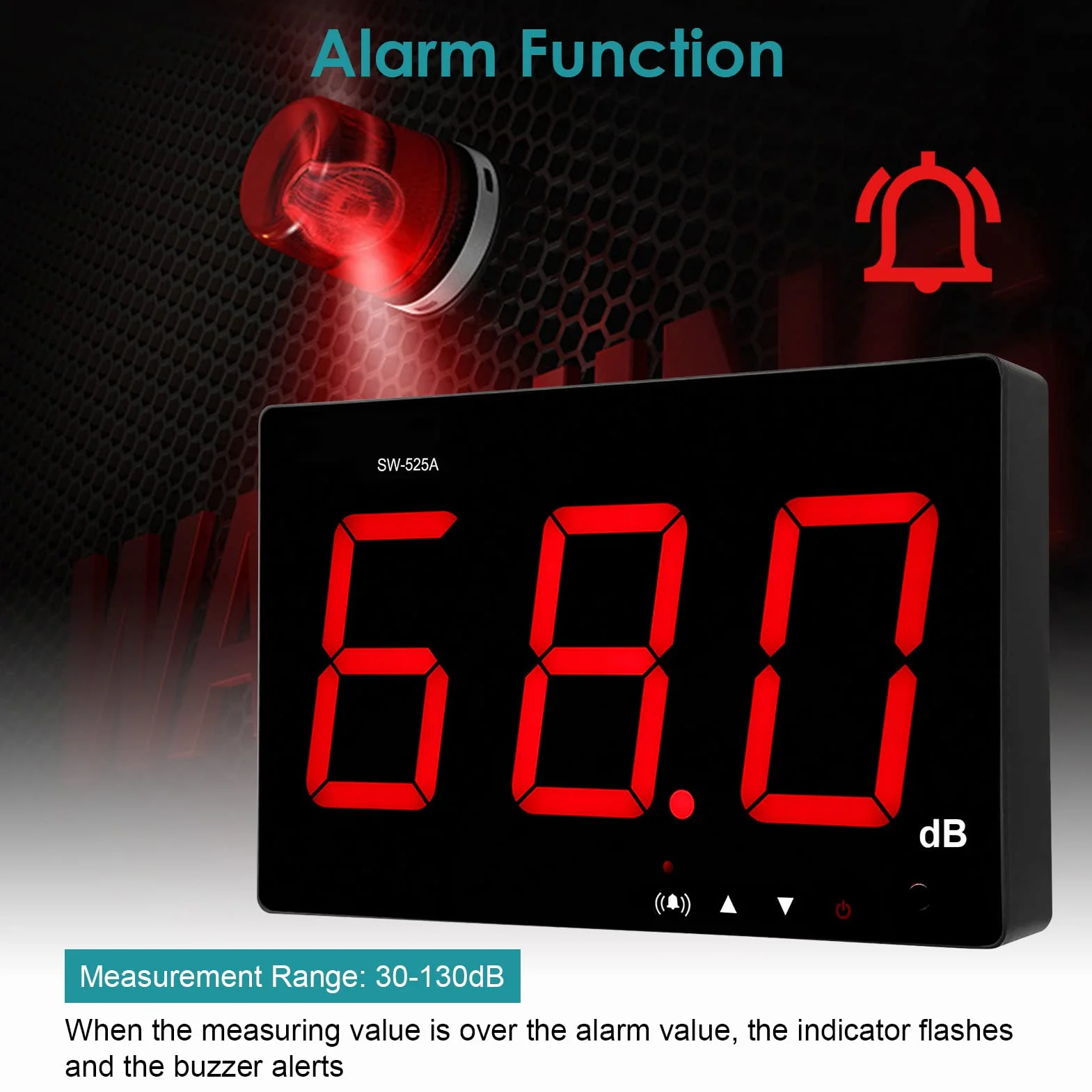 Sonomètre Numérique SW-525A 30~130dB Monté au Mur avec Affichage LCD Seuils d'Alarme USB