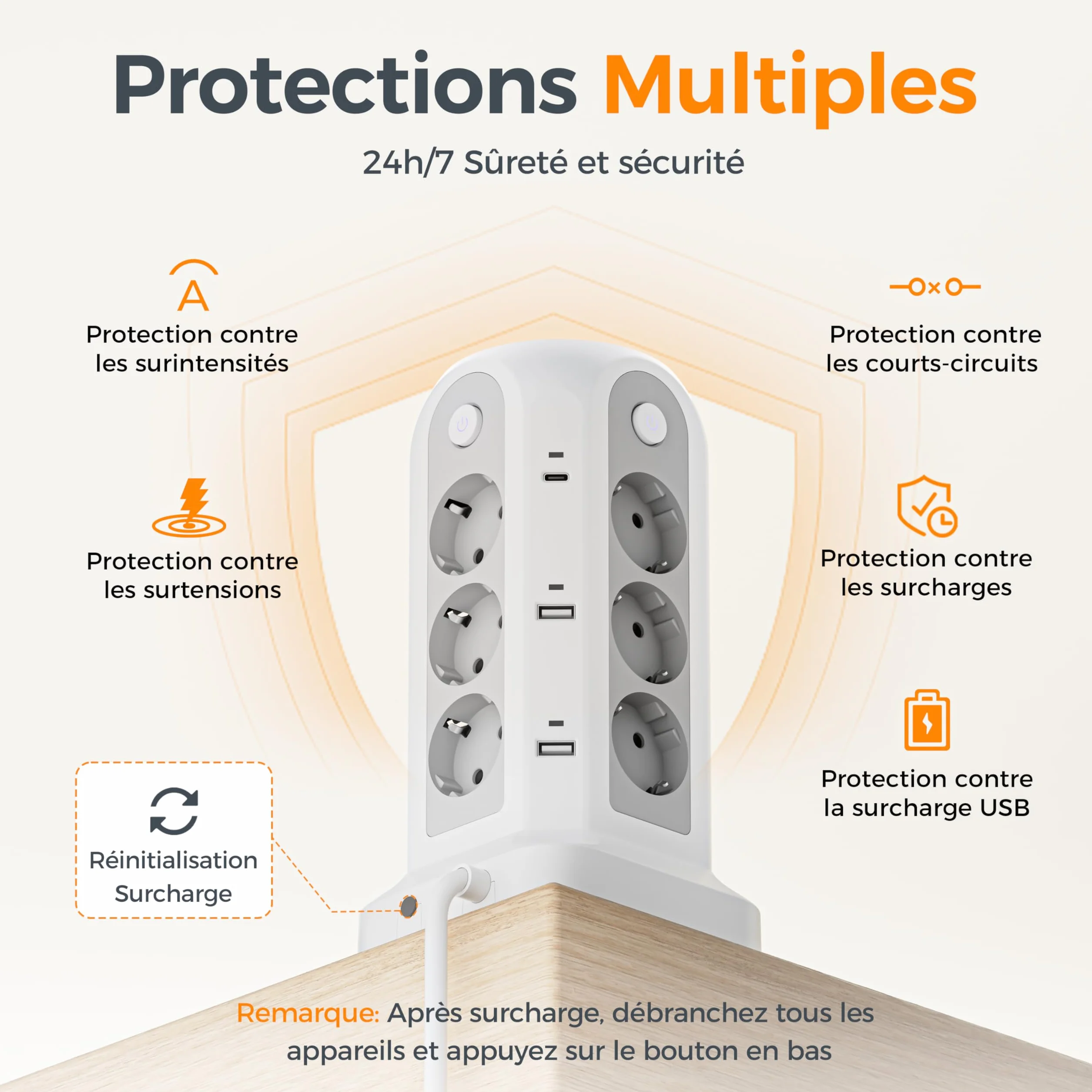 TESSAN Tour Multiprise avec Interrupteur, 12 Prises 6 USB (4A2C) 2m, Parafoudre 3680W Gris