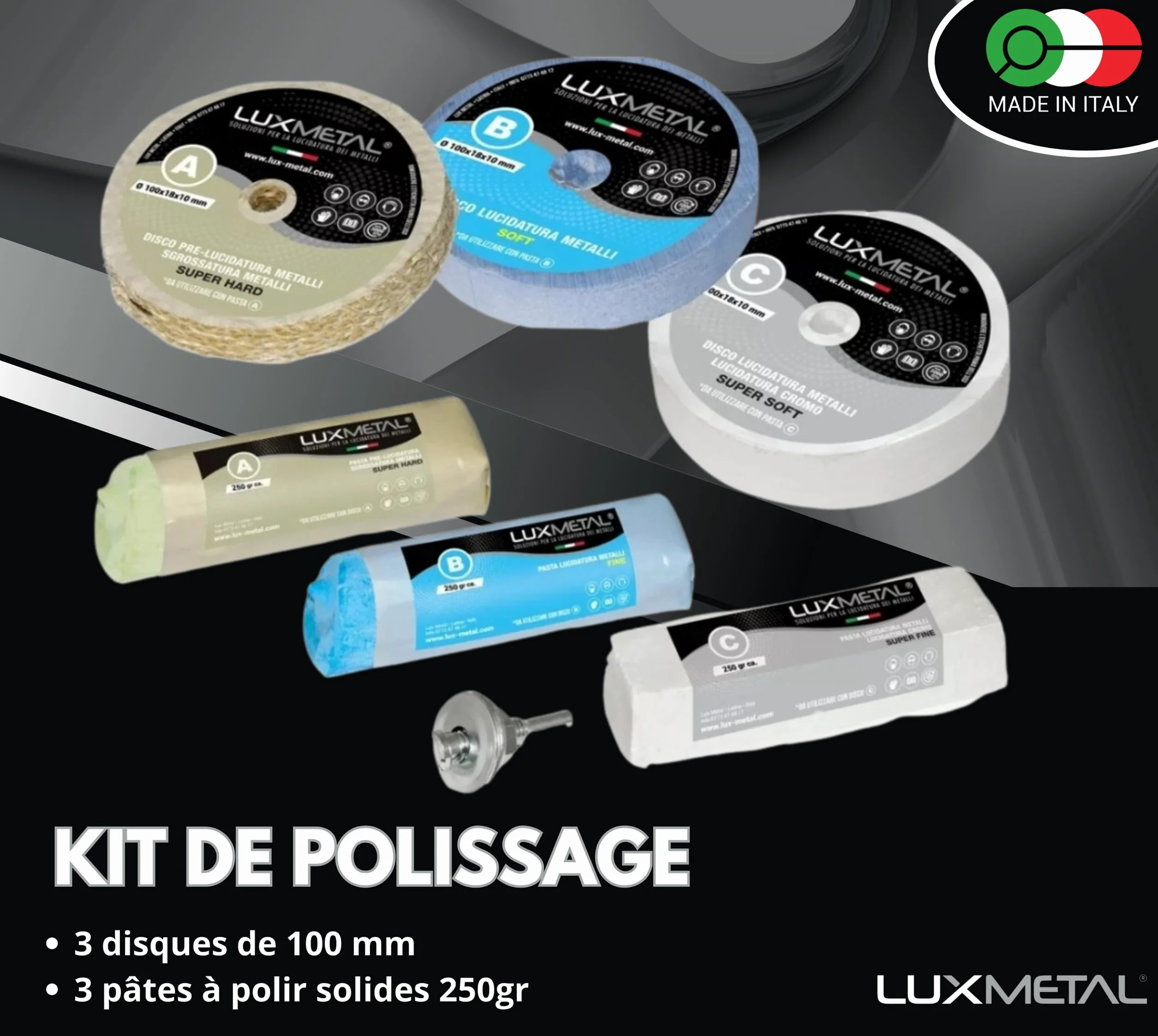 Kit de Polissage 3 Disques 100 mm 3 Pâtes Abrasives 250 g pour Métaux Acier Inoxydable Aluminium