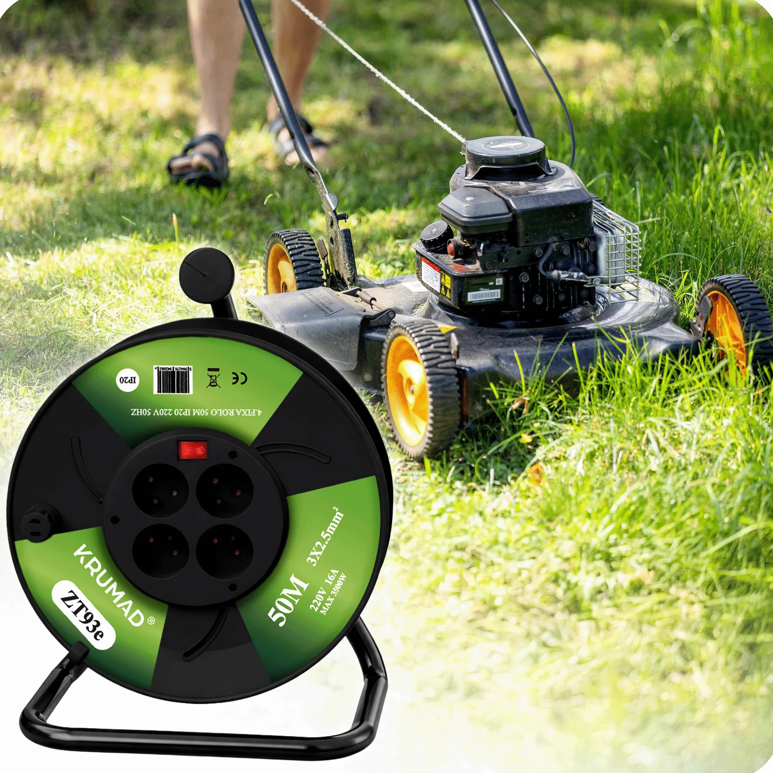 KRUMAD Enrouleur de câble 50 m 4 prises 3x1 mm² 2000 W 220 V extérieur