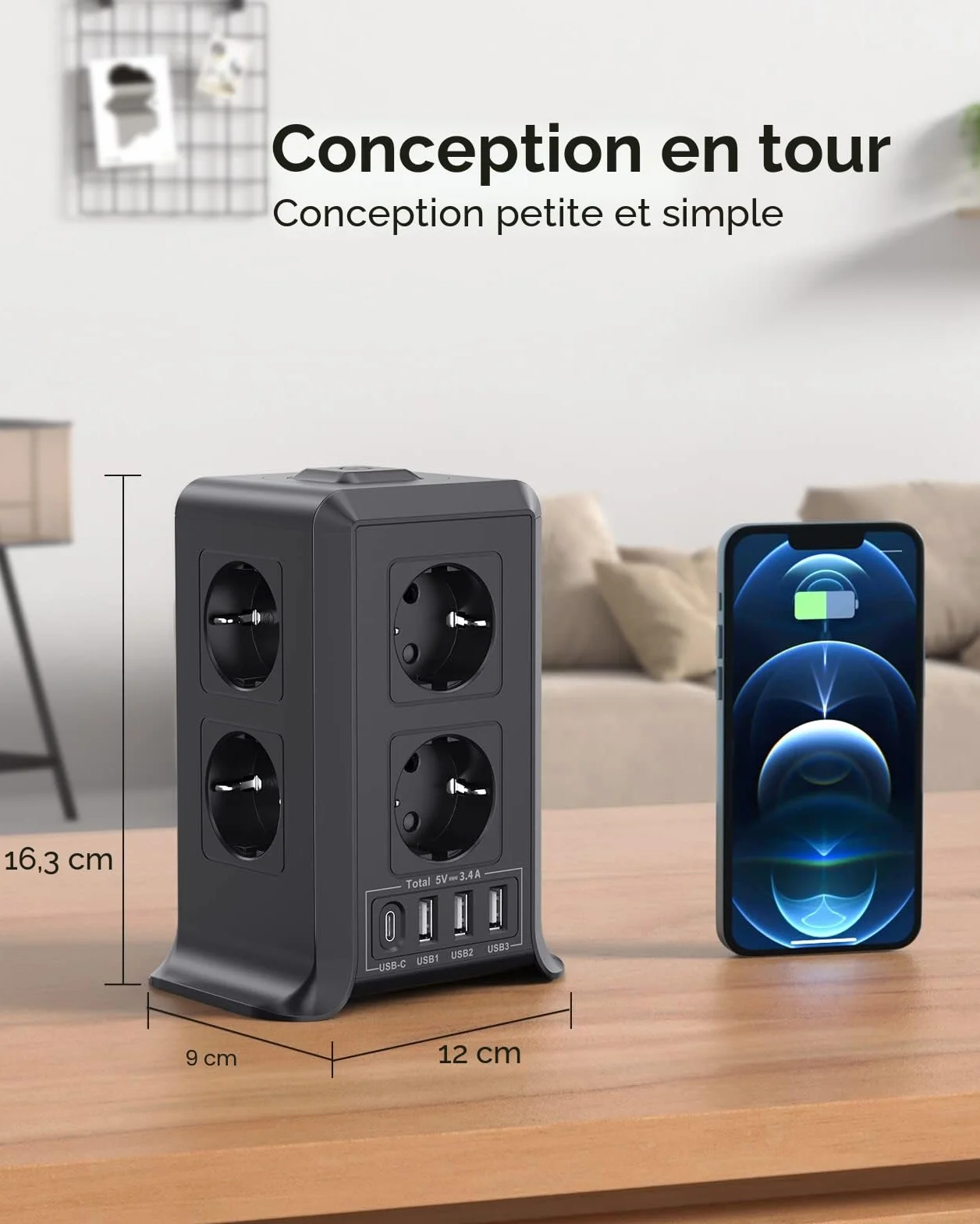 Multiprise 8 Prises 4 USB Parafoudre Surtension 2M Câble