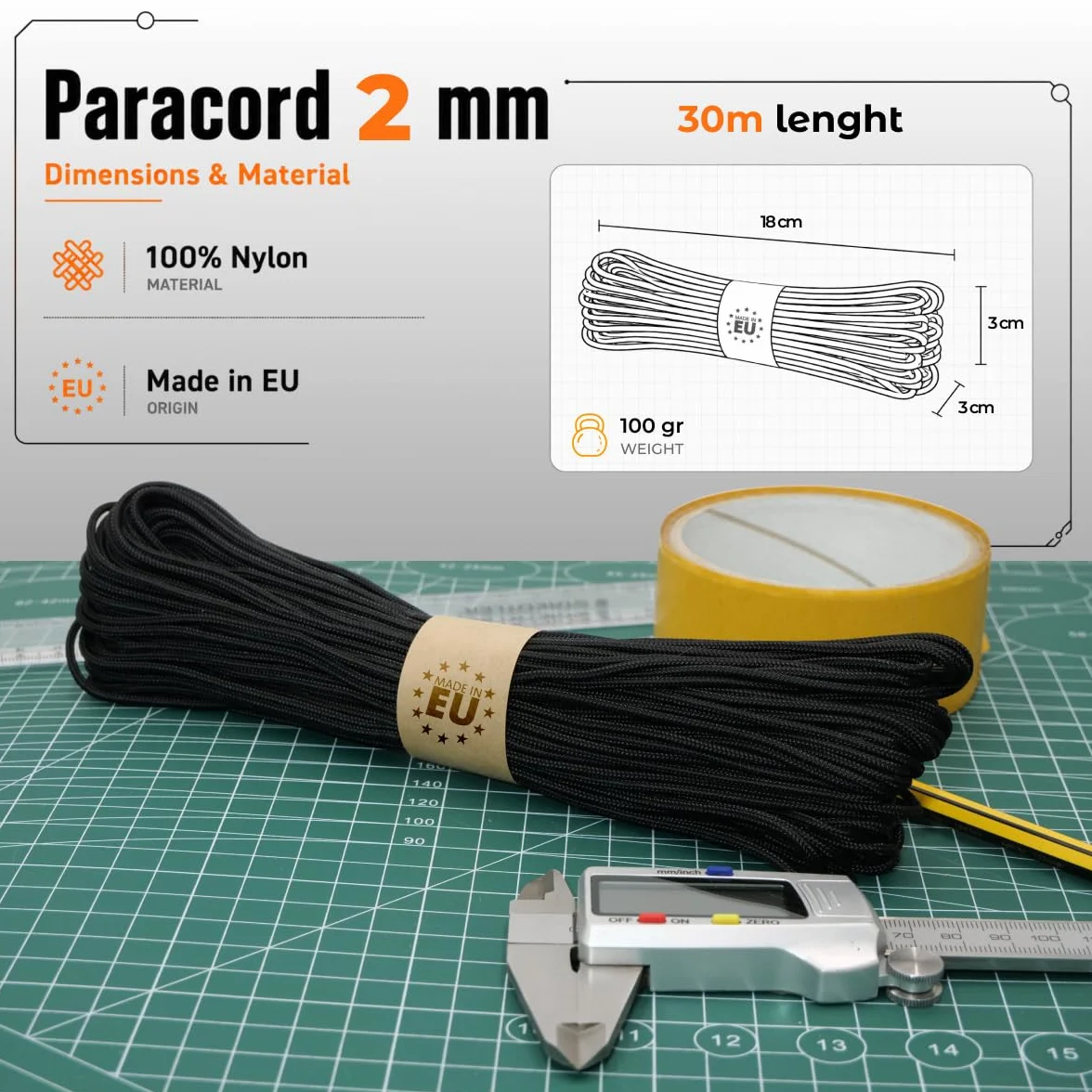 Corde Paracorde 1,2 mm - 8 mm, Noire, 100% Nylon, 10 m à 100 m