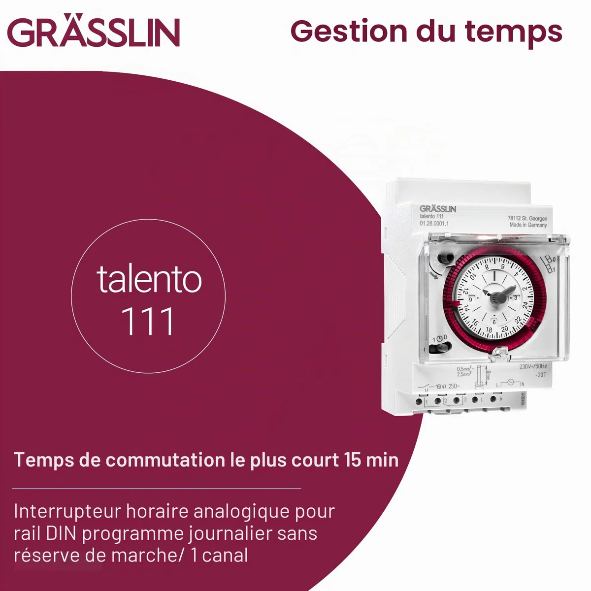 Talento 111 Horloge de Distribution analogique avec Programme journalier 3TE 1 Canal Montage sur Rail DIN LED 180W
