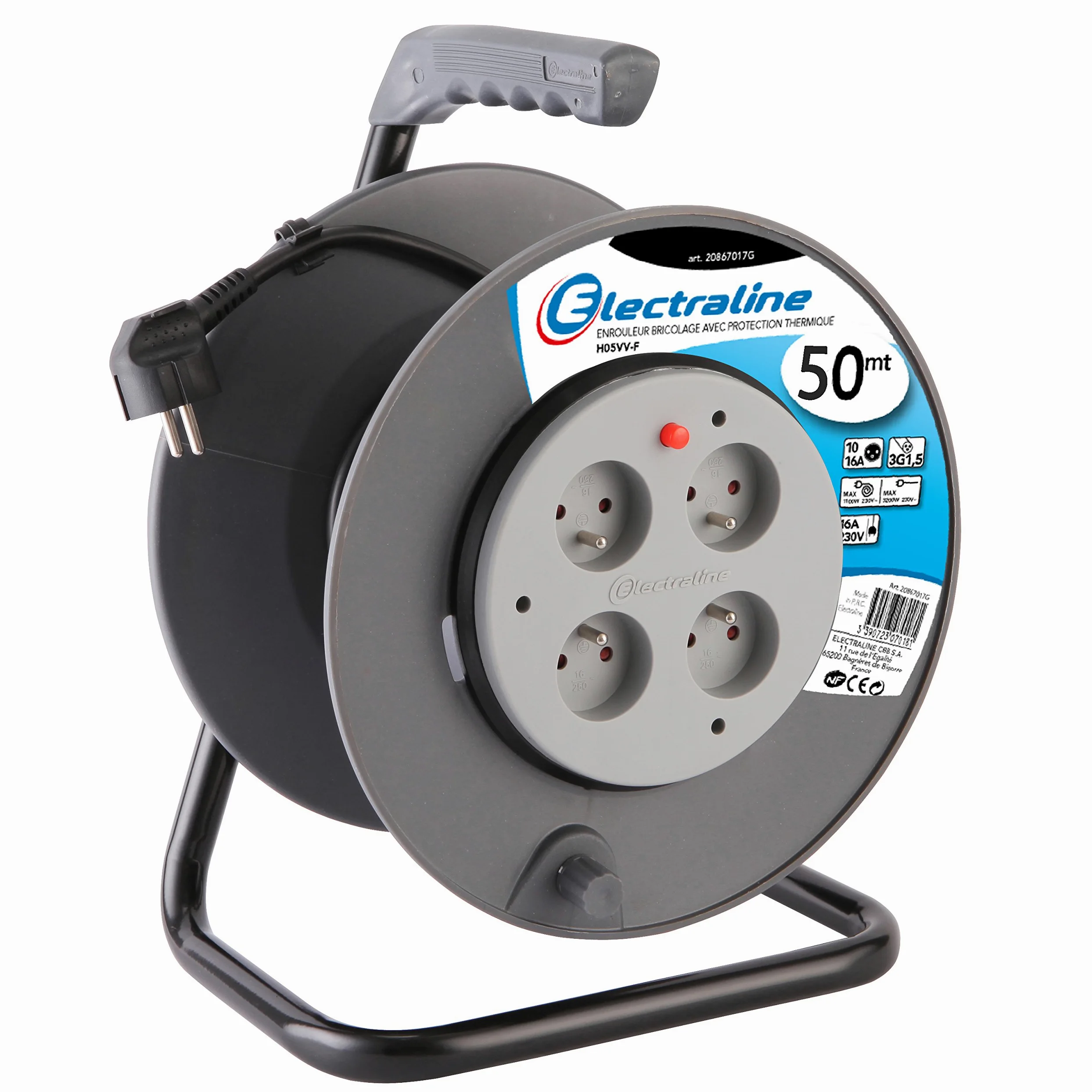 Electraline Rallonge électrique 50 m avec enrouleur 4 Prises 16 A section 3G1,5 mm² Gris