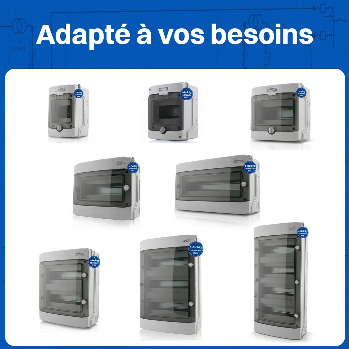 Intratec Coffret de Distribution en Saillie 2 Rangée IP65 24 Modules DIN 400VAC 1500VDC 318 x 384 x 144 mm