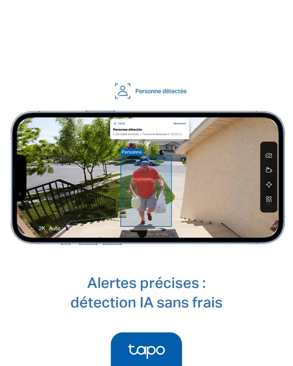 Tapo D205 Sonnette sans fil avec caméra extérieur 2K 3MP IP54 étanche Grand angle 160° Vision Nocturne Détection Humaine AI Audio Bidirectionnel autonomie 180j