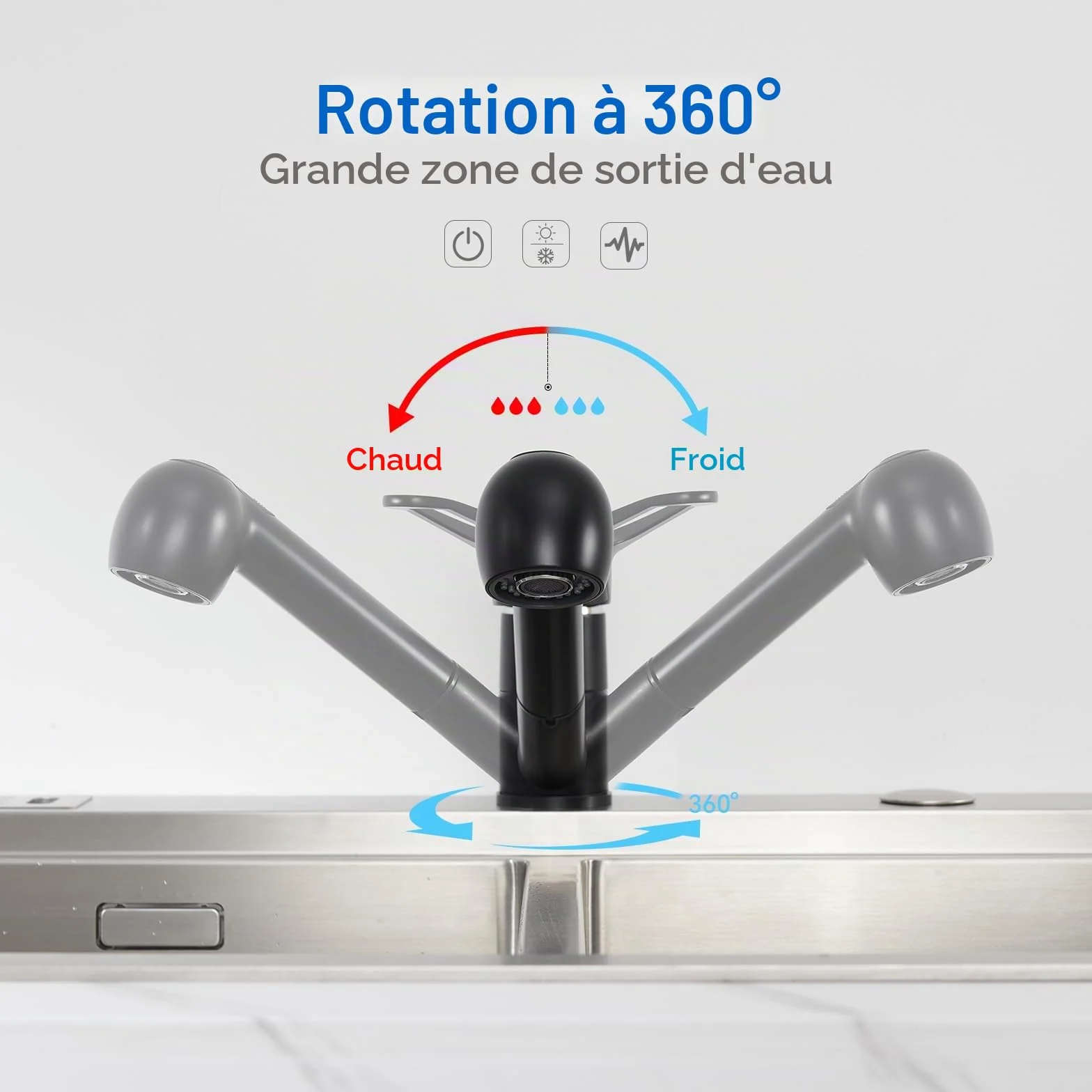 Auralum Robinet de Cuisine Noir Douchette Extractible 2 Jets Mitigeur Évier 360° Laiton Monotrou Eau Froide Chaude