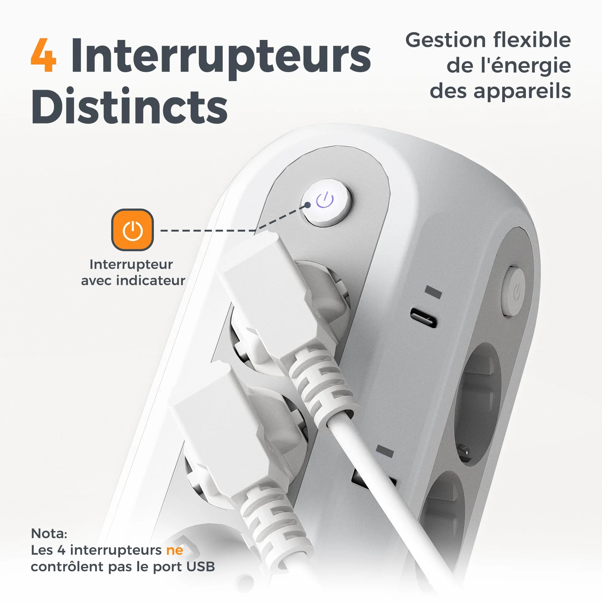 TESSAN Tour Multiprise avec Interrupteur, 12 Prises 6 USB (4A2C) 2m, Parafoudre 3680W Gris