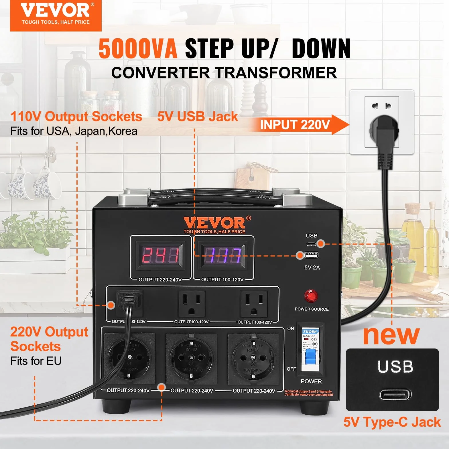 VEVOR Transformateur 220V⇄110V Convertisseur de Tension 5000W avec 3 Prises US et EU