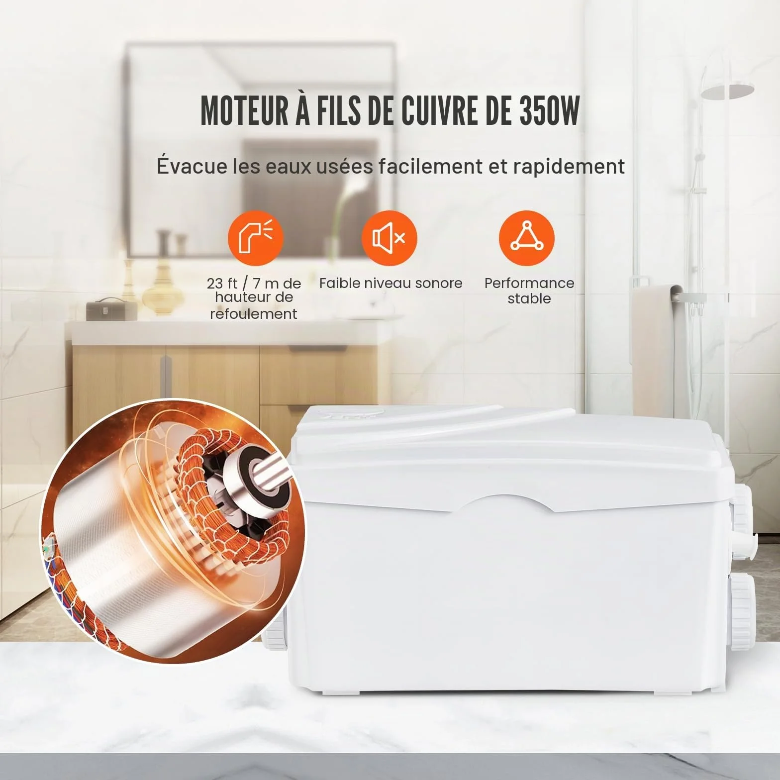 VEVOR Pompe de relevage eaux grises 350 W 6000 L/h 7 m 3 entrées d'eau
