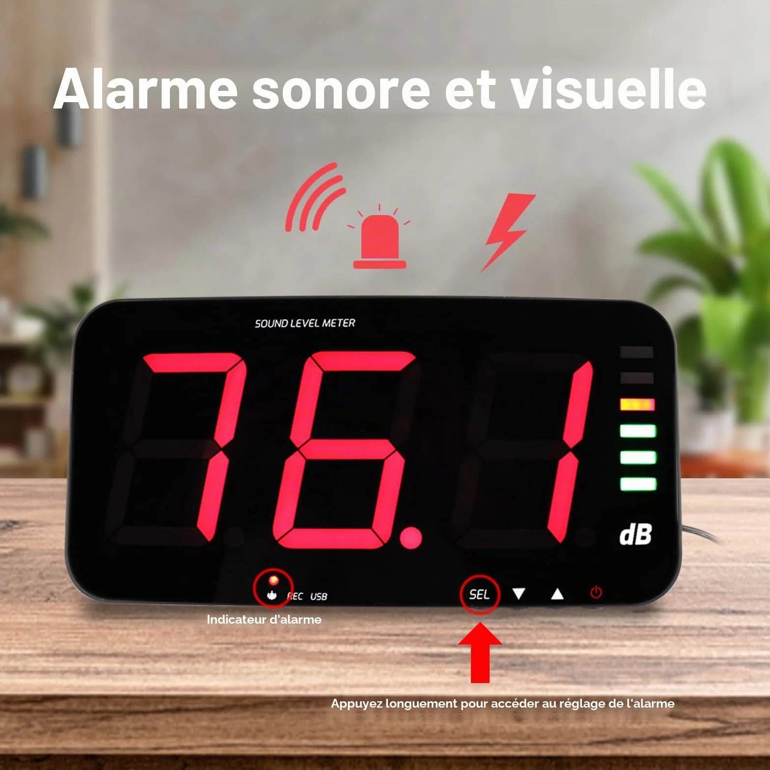 Sonomètre de décibel avec alarme sonore et visuelle, capteur 5 mètres, surveillance niveau sonore