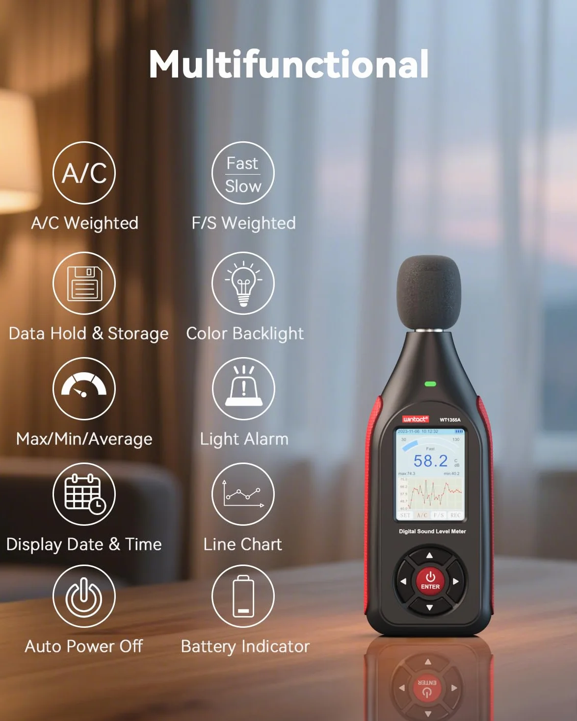 Wintact Sonomètre Décibelmètre 30-130 dB A/C Rechargeable WT1355A