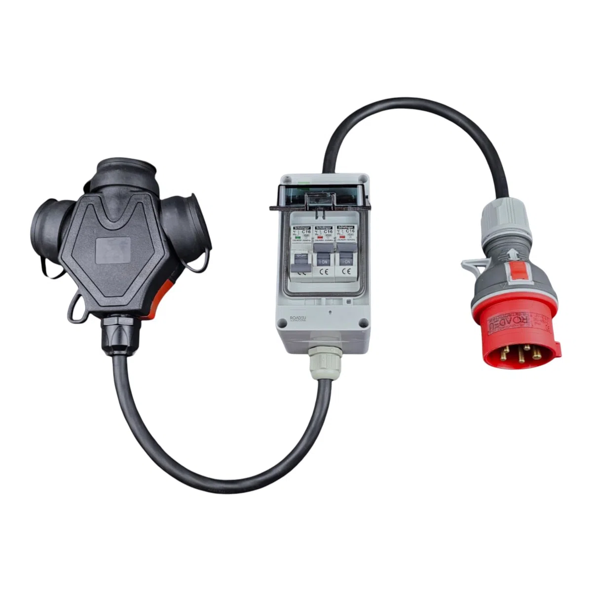 Adaptateur CEE 32A 5P vers Triple Prise 230V 2P+E Coffret IP44 3 Disjoncteurs C16 Câble Caoutchouc 1 m