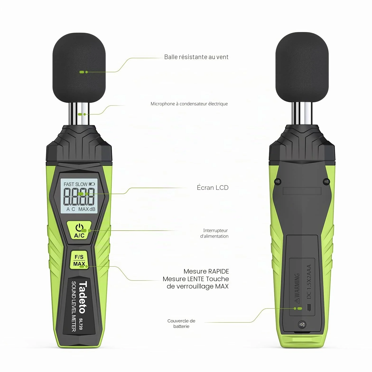 Sonomètre numérique portable décibelmètre 30dB à 130dB écran LCD A/C pondéré
