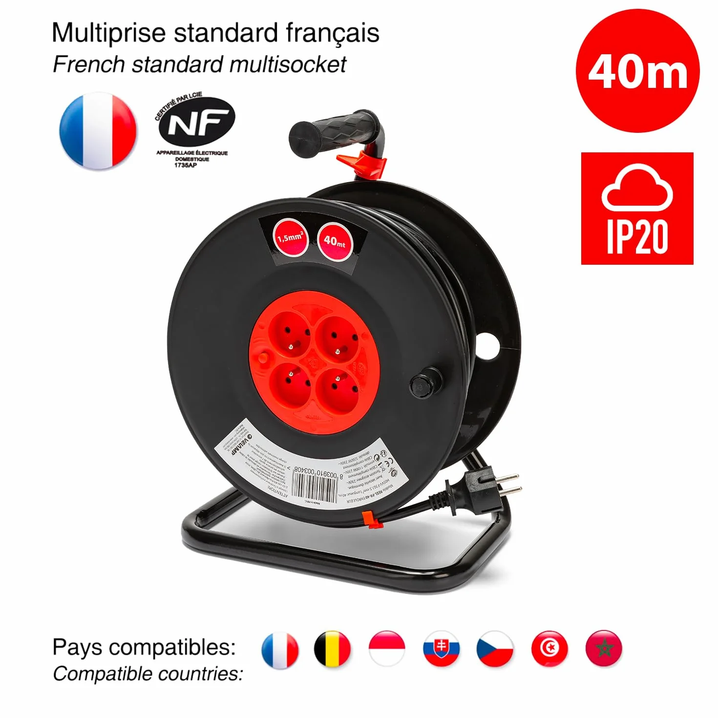 VELAMP REEL-FR-40 Enrouleur Rallonge Électrique 15M 4 Prises IP44 16A Câble 3G1,5 mm²