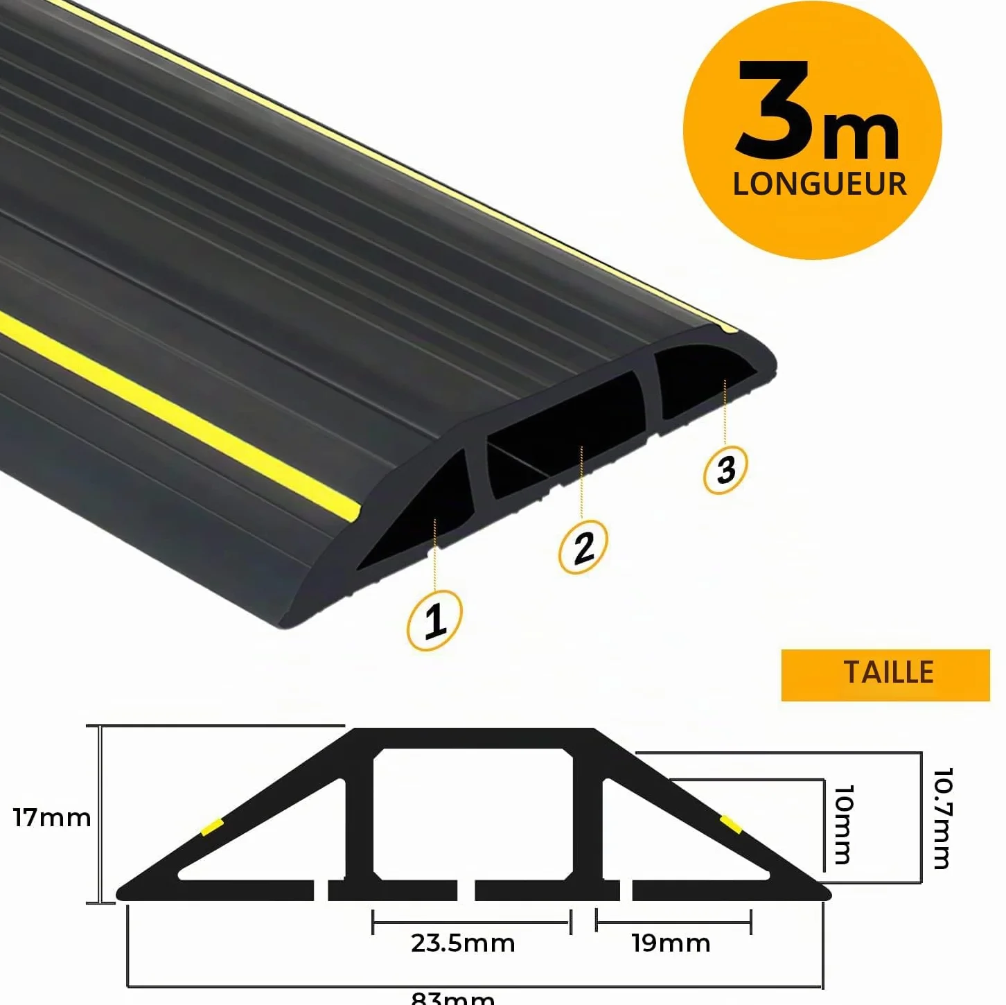 Passe Câble Sol 3 m, Protection Câble 3 Passages Noir