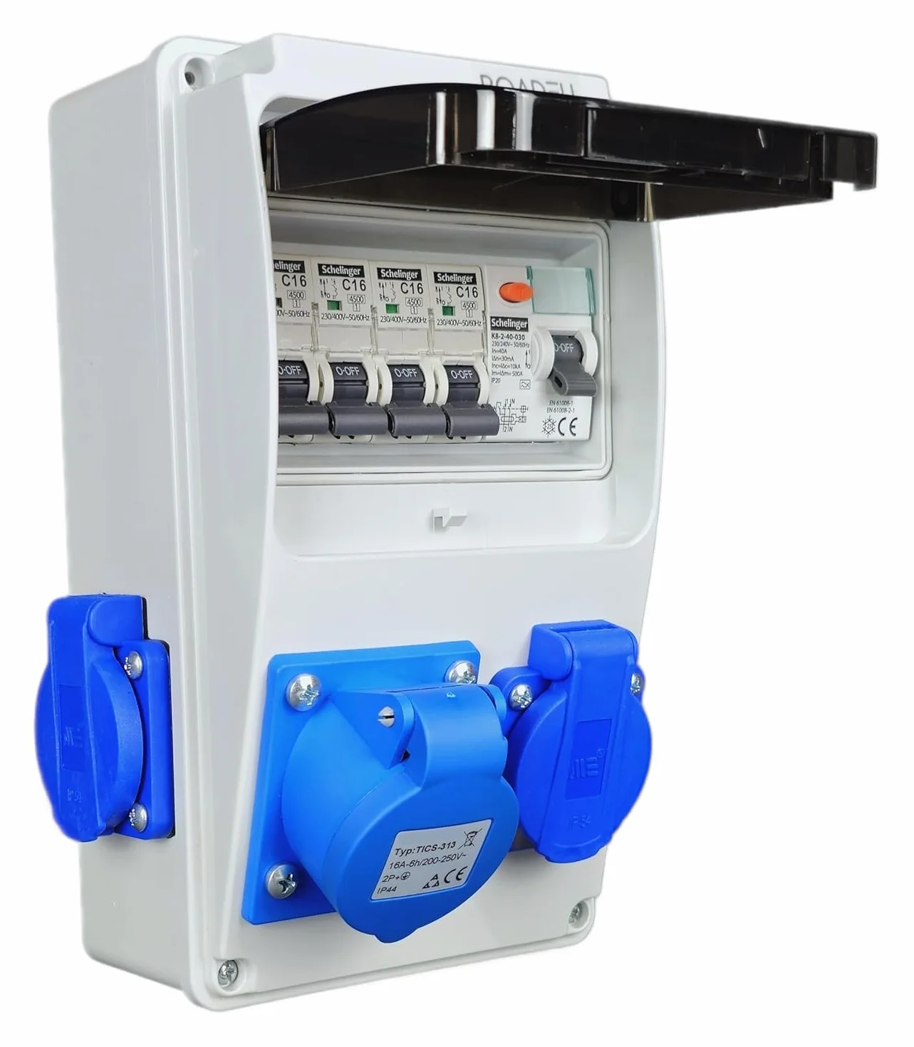 RoadEu Distributeur de courant 230V CEE 16A 3P 3 prises disjoncteur automatique 16A disjoncteur différentiel atelier