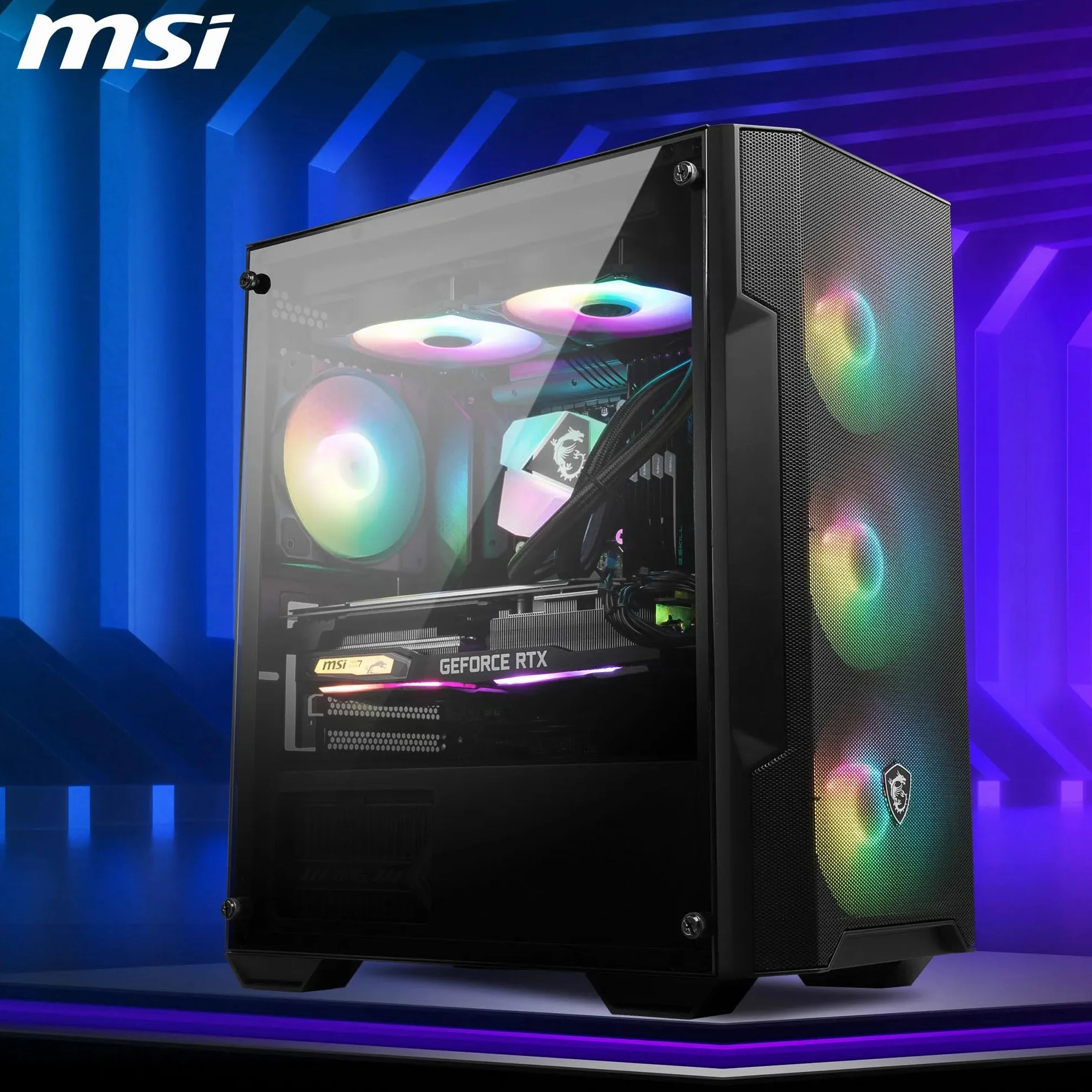 MSI MAG Forge M100A Boîtier PC Mini-Tour, Verre trempé, Micro-ATX/Mini-ITX, Panneau Avant Maille, 4 Ventilateurs Auto-RGB 120mm, Filtre Anti-poussière magnétique