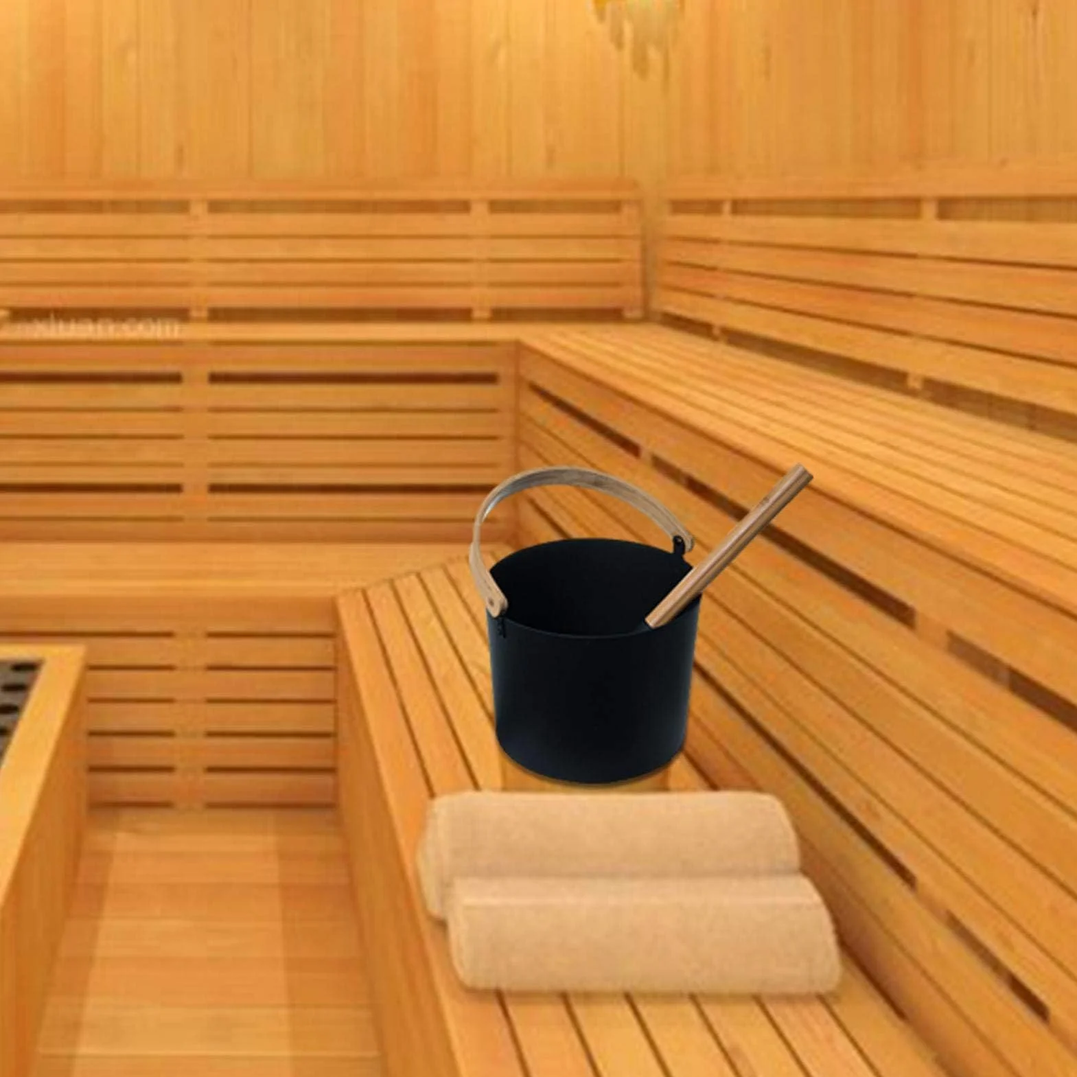 Seau de Sauna en Aluminium avec Manche Long Bois 7 L, Noir