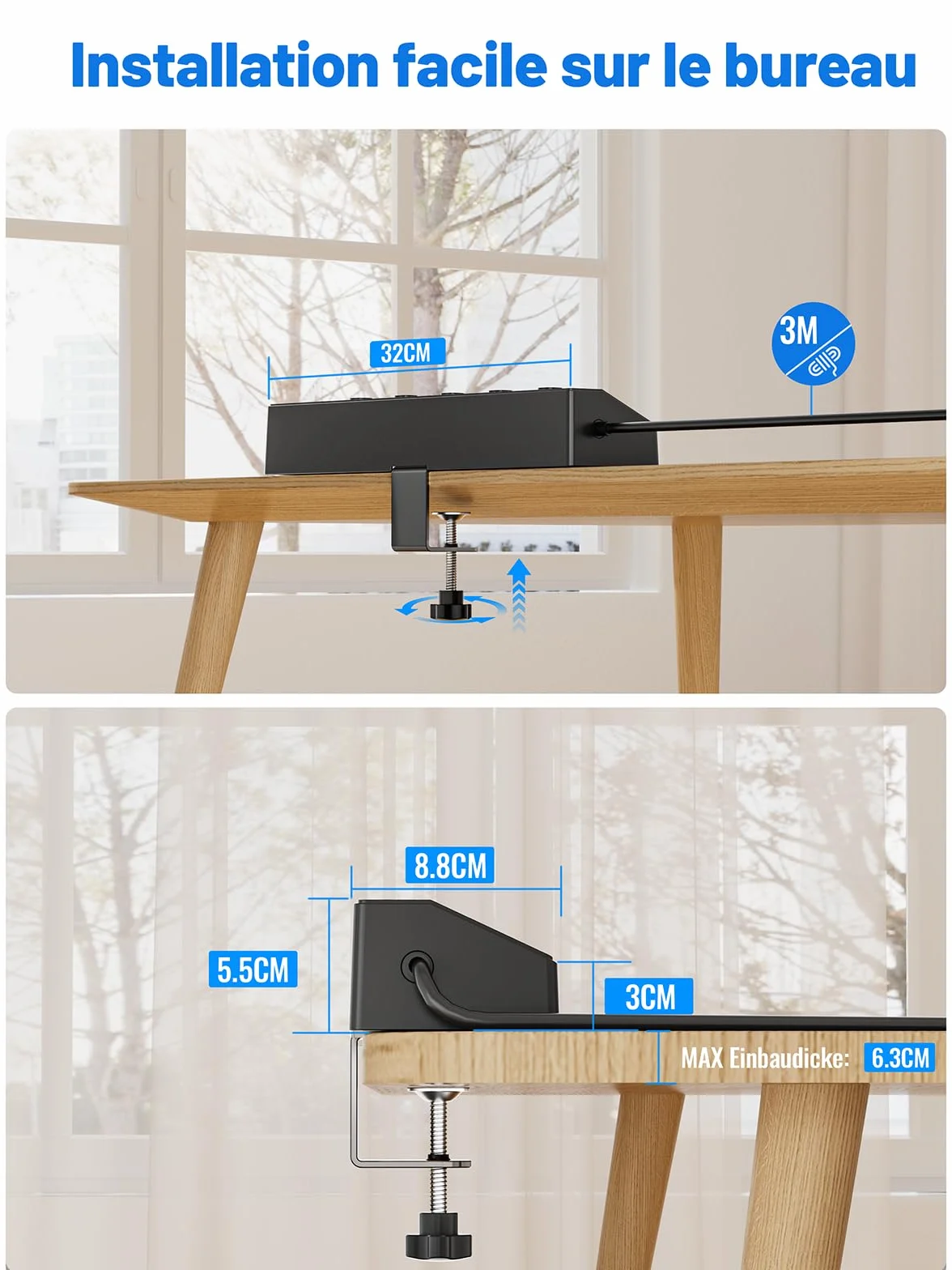 Multiprise Française USB PD 30W 5 Prises Secteur 5 USB 4000W Parafoudre Surtension 3M Noir