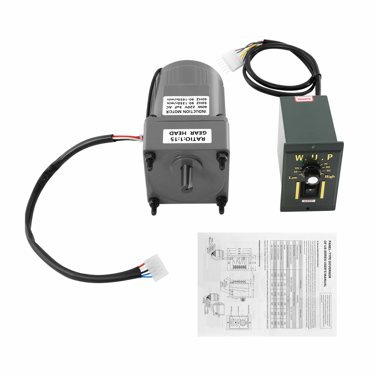 Motoréducteur électrique 40W 15K, Moteur à Engrenages avec Contrôleur de Vitesse 0-90rpm Monophasé
