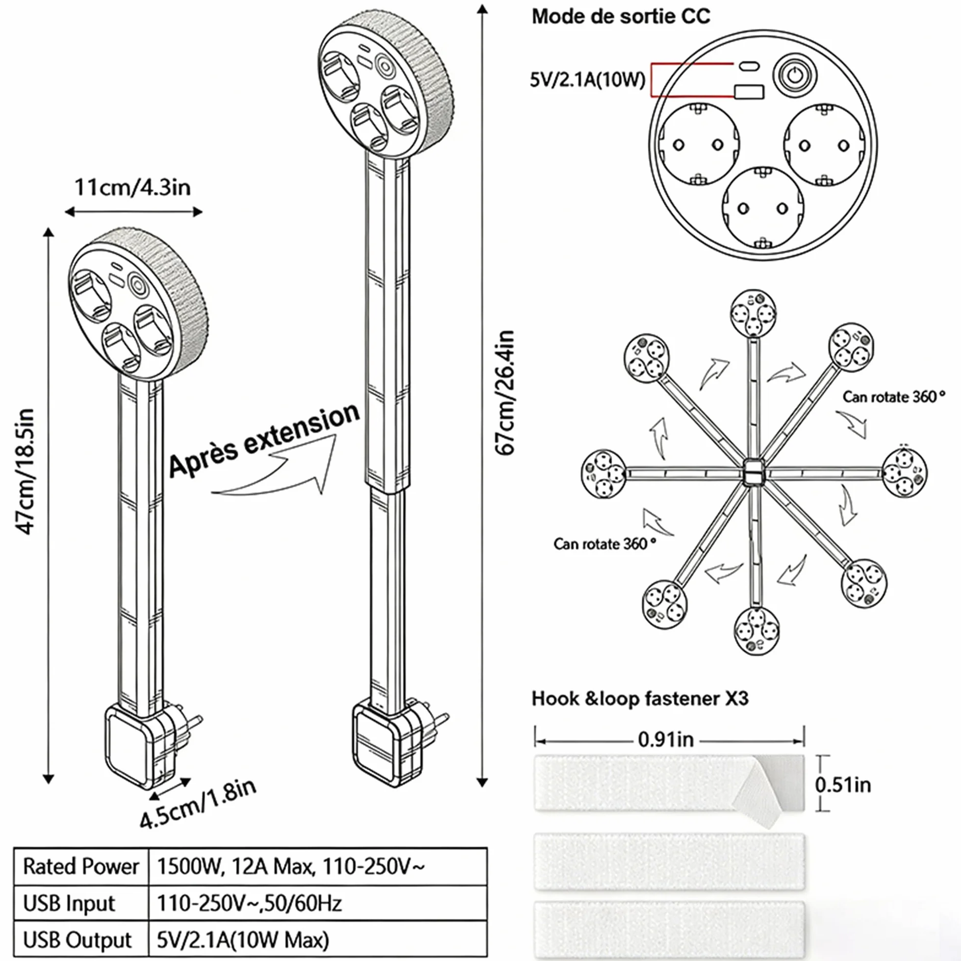 Multiprise Extensible et Pivotante 3 Prises USB-A Type-C 5V/2.1A Tige Réglable 47-67 cm Rotation 360°