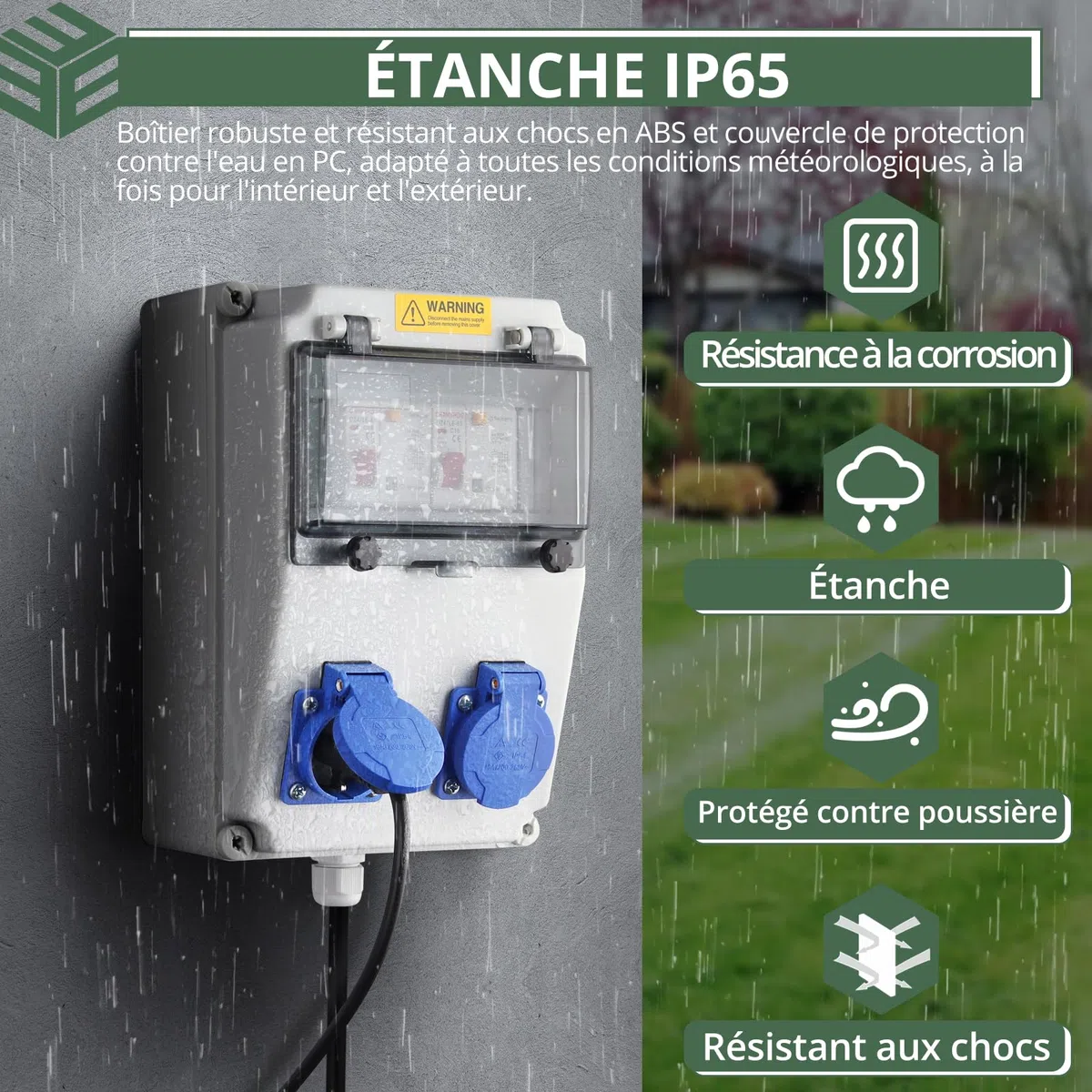 Coffret Électrique de Chantier LS+FI IP54 Prise Schuko 230 V Distributeur de Courant Électrique avec Disjoncteur