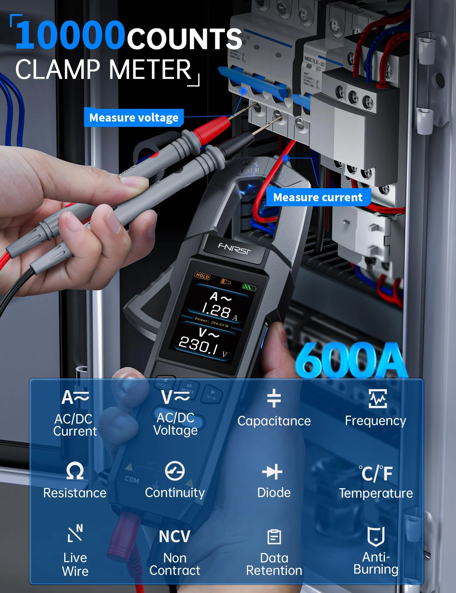 FNIRSI DMC-100 Pince Ampèremétrique Numérique Multimètre TRMS 9999 Points 600A Rechargeable NCV Tension CA/CC Courant Continuité