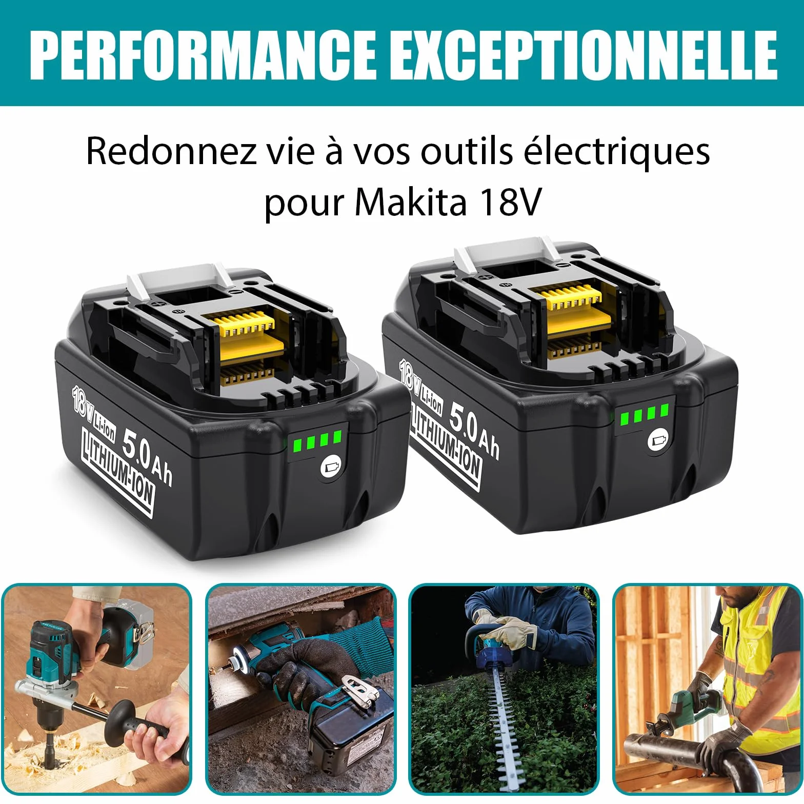 Makita Batterie de rechange 18V 5,0Ah Li-ion 2 pièces compatible BL1850B BL1850 BL1860B BL1860 LXT-400