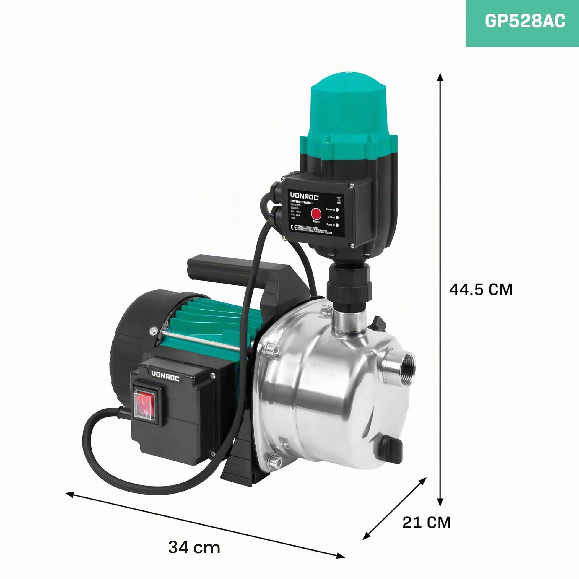 Vonroc Pompe à Eau Hydrophore 1000W 3500l/h 4,4bar Acier Inoxydable Réservoir 19L