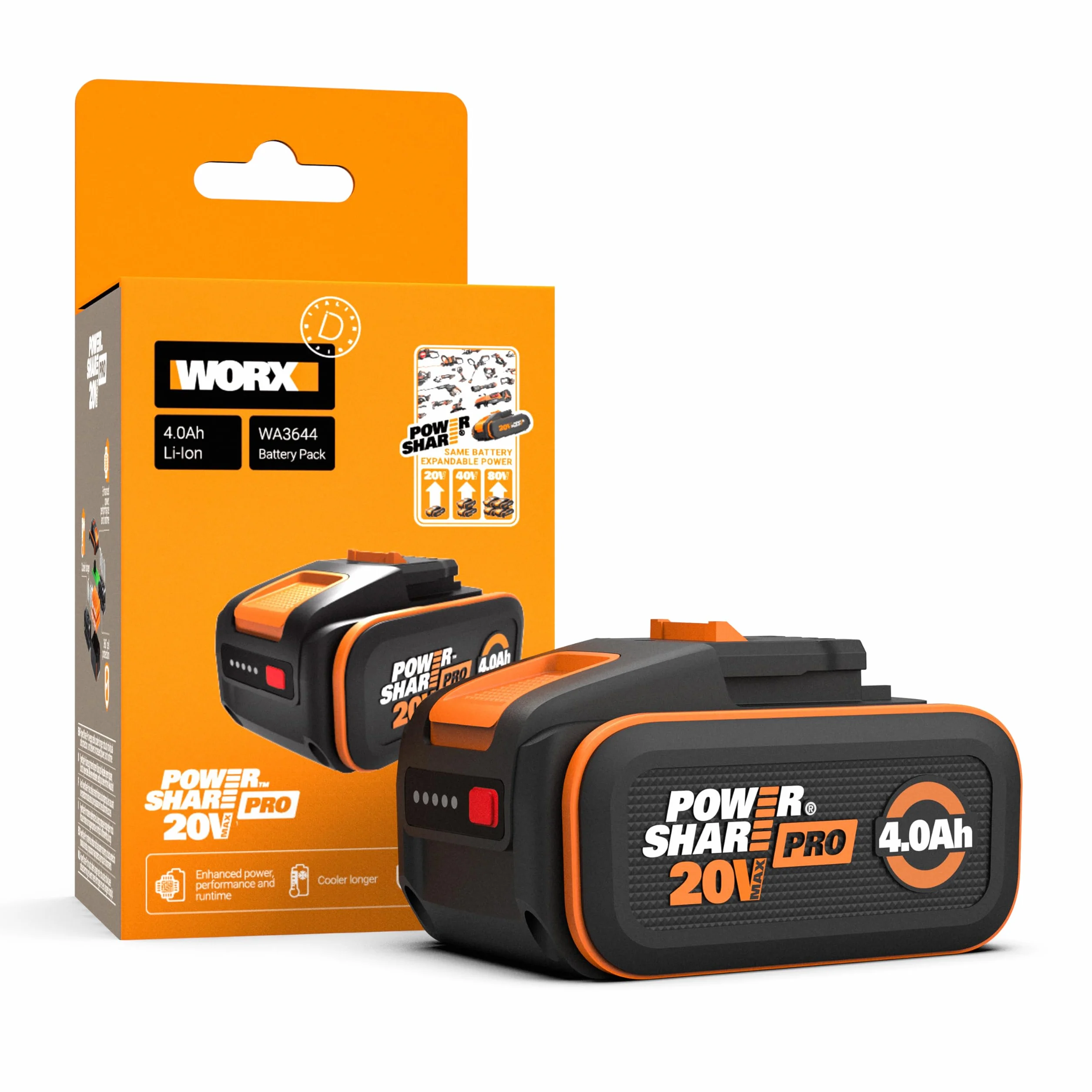 Worx WA3644 Batterie Lithium-Ion 20V 4Ah PowerShare Pro Haute Performance Longue Durée