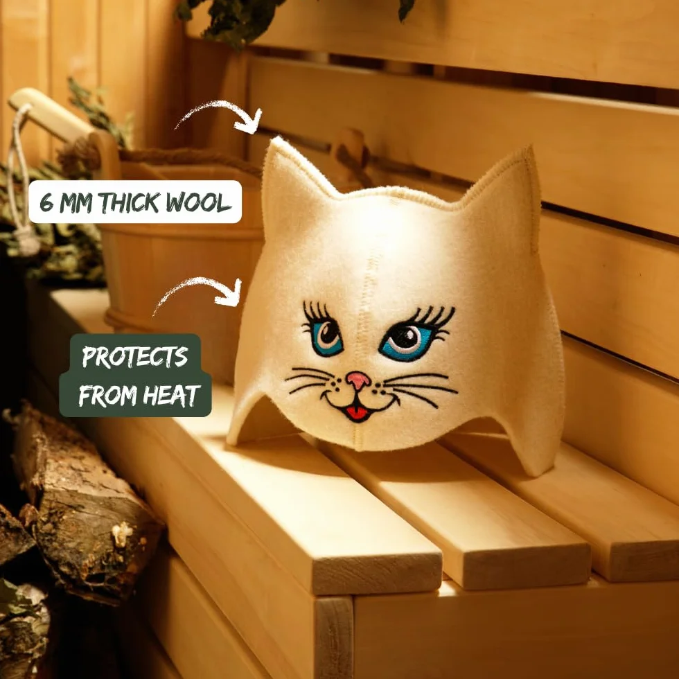 Chapeau de Sauna 'Sauna Kitten Cat' Blanc - 100% Feutre de Laine Biologique - Protège Tête de la Chaleur