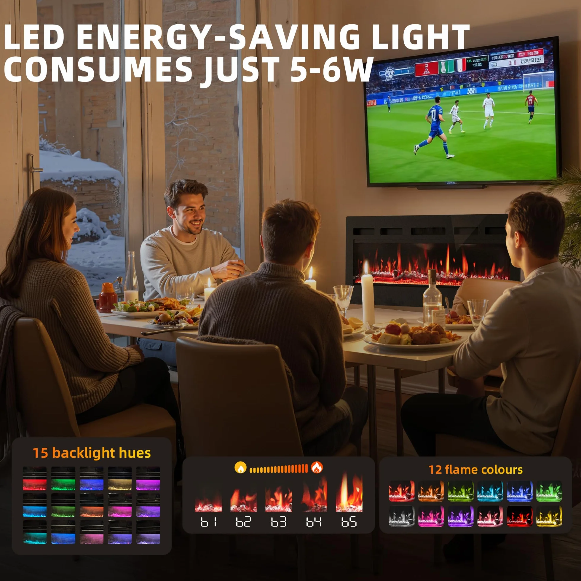 Cheminée Électrique 36" 92cm 900W 1800W Flammes 12 Couleurs Thermostat Précis 15-30°C Écran Tactile Télécommande