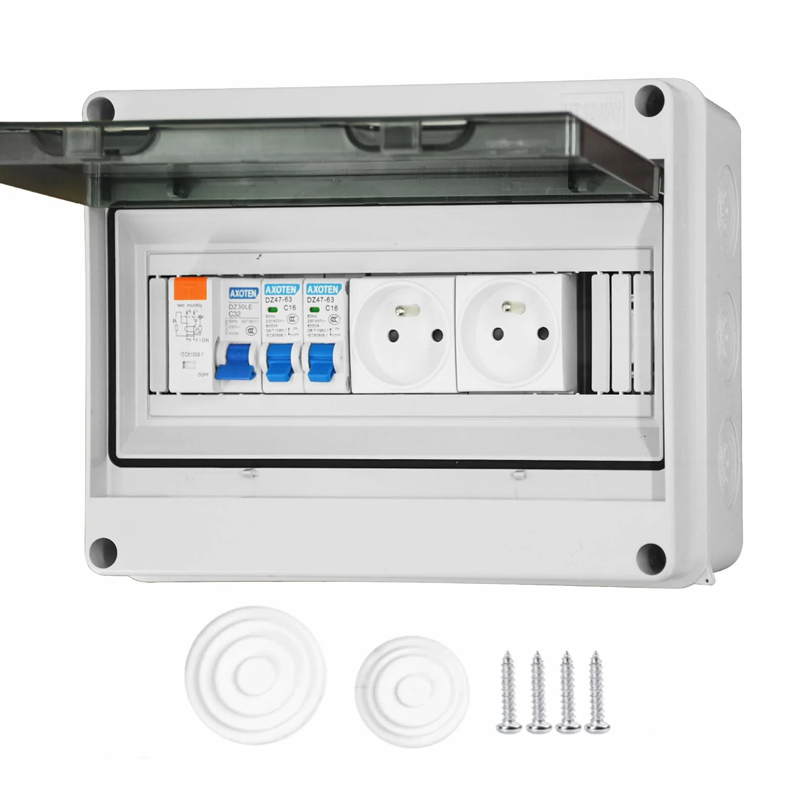 Boîte à fusibles en saillie IP65 Simmpatuu Coffret électrique étanche IP65 DZ 30mA AC Interrupteur de Fuite 1 Disjoncteur 16A 2 prise modulaire 16A 2P+T
