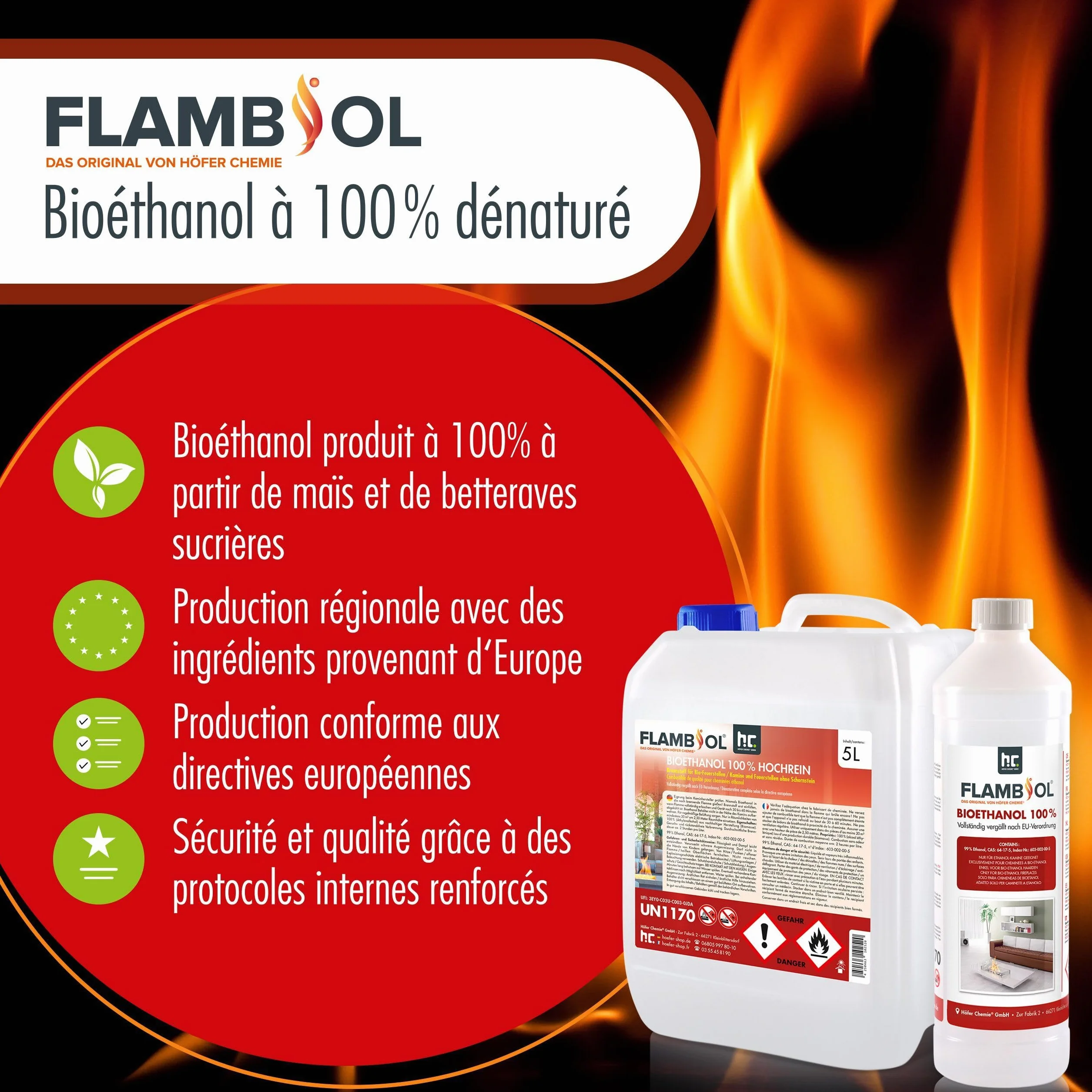 Höfer Chemie FLAMBIOL® Bioéthanol 6 x 1 L Ultra Pur 100% Combustible Écologique pour Cheminées