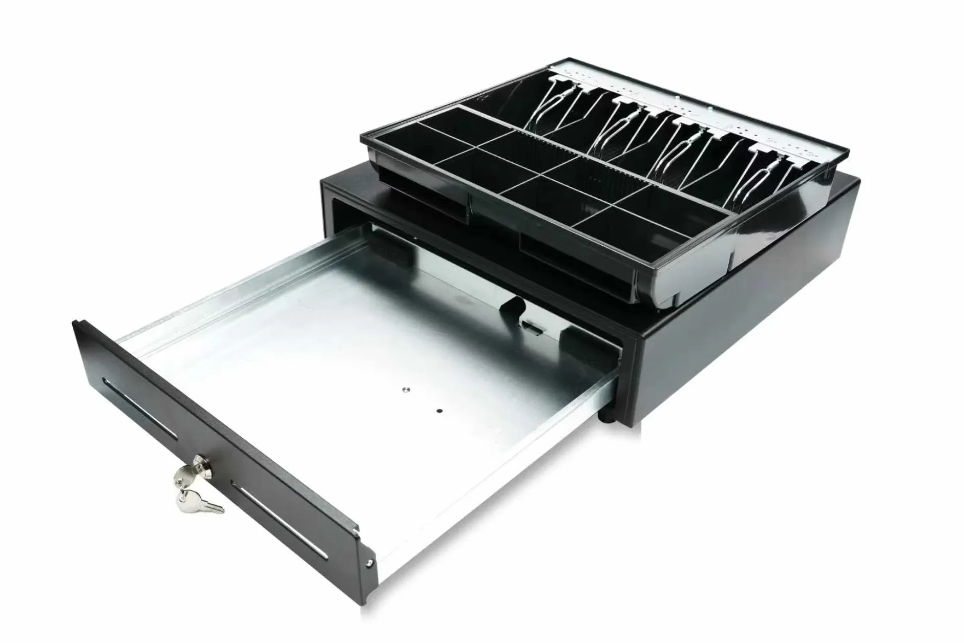 Tiroir Caisse Enregistreuse 41x41,5x11,5cm Ouverture Automatique RJ11/RJ12 Manuelle avec Clés 4 Compartiments Billets 8 Pièces Glissières Métalliques Noir