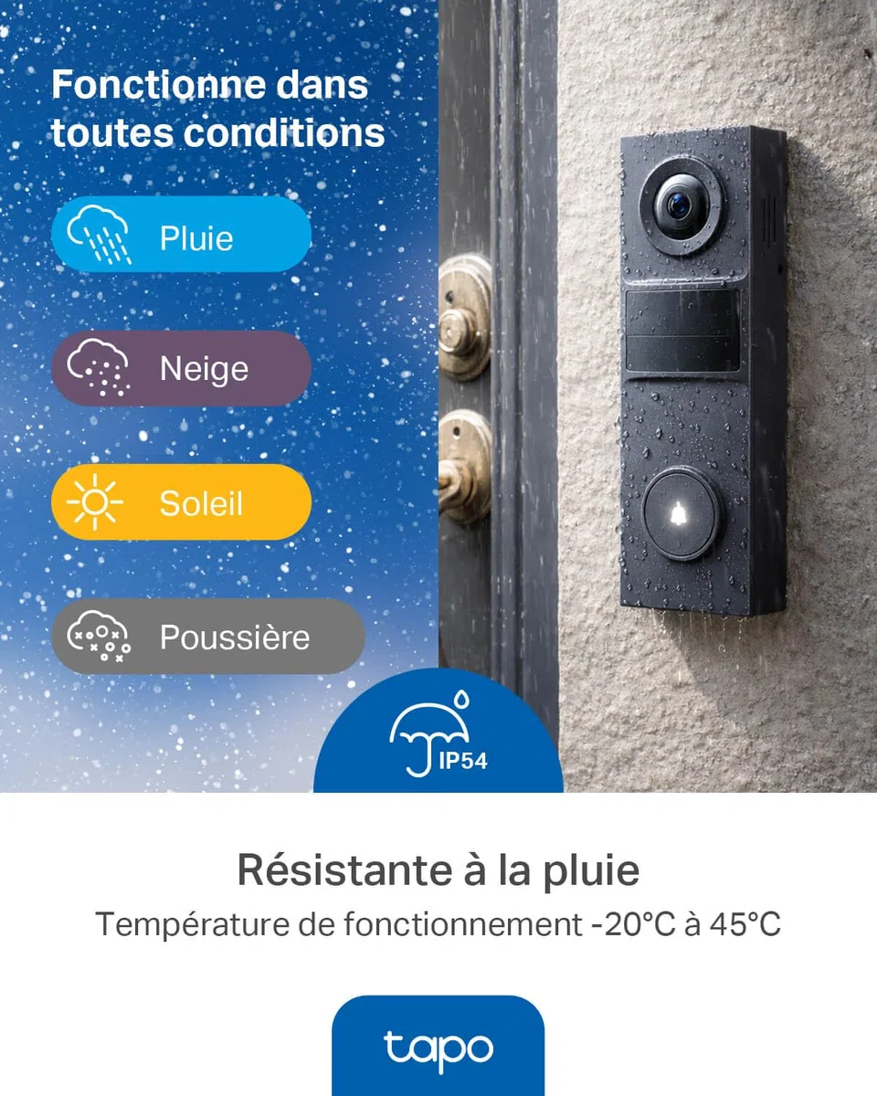 Tapo D205 Sonnette sans fil avec caméra extérieur 2K 3MP IP54 étanche Grand angle 160° Vision Nocturne Détection Humaine AI Audio Bidirectionnel autonomie 180j