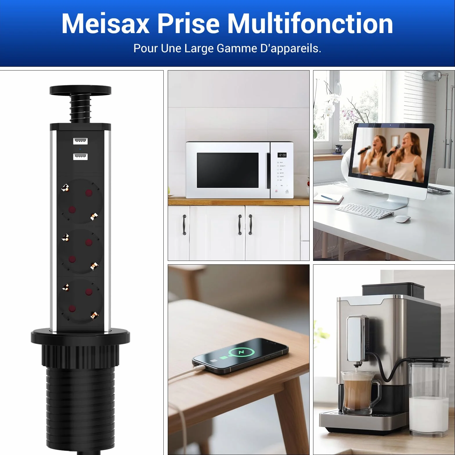 Multiprise Encastrable Bloc 3 Prises EU 2 USB Diamètre 60mm Câble 1,8m Prise Escamotable Noir