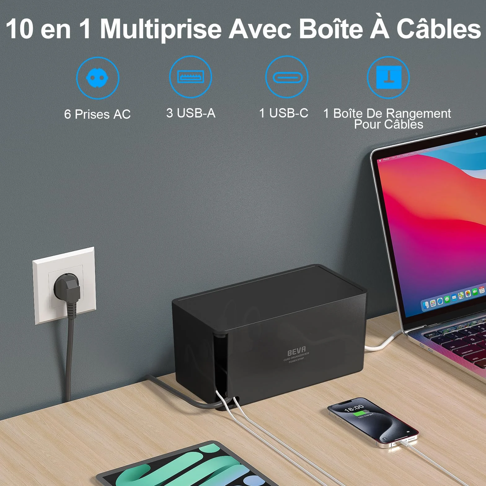 BEVA Multiprise Cachée 2M 1050J Parafoudre Surtension 6 Prises USB 3 USB-A 1 USB-C 15W Noir