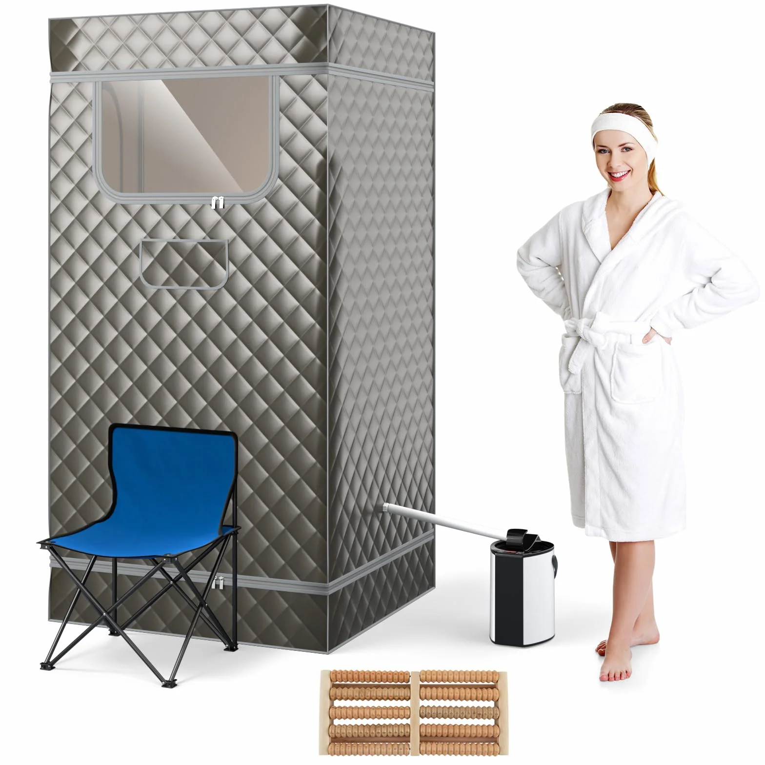 HOMASIS Sauna à Vapeur Portable 3L avec Générateur, Télécommande, 9 Niveaux de Température, Chaise Pliante Gris