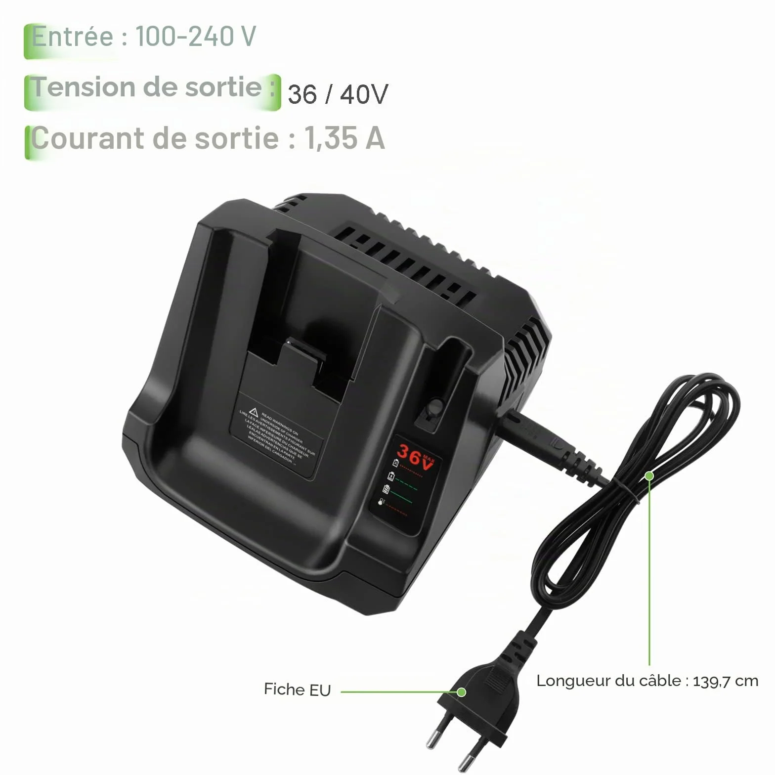 Chargeur Compatible Black Decker 36V 40V Batteries BL20362 BL2536 LBX2040 LBX36 LBXR36 LBXR2036 LBX1540 LBX2540 LST136W LST540 LCS1240 LCS36