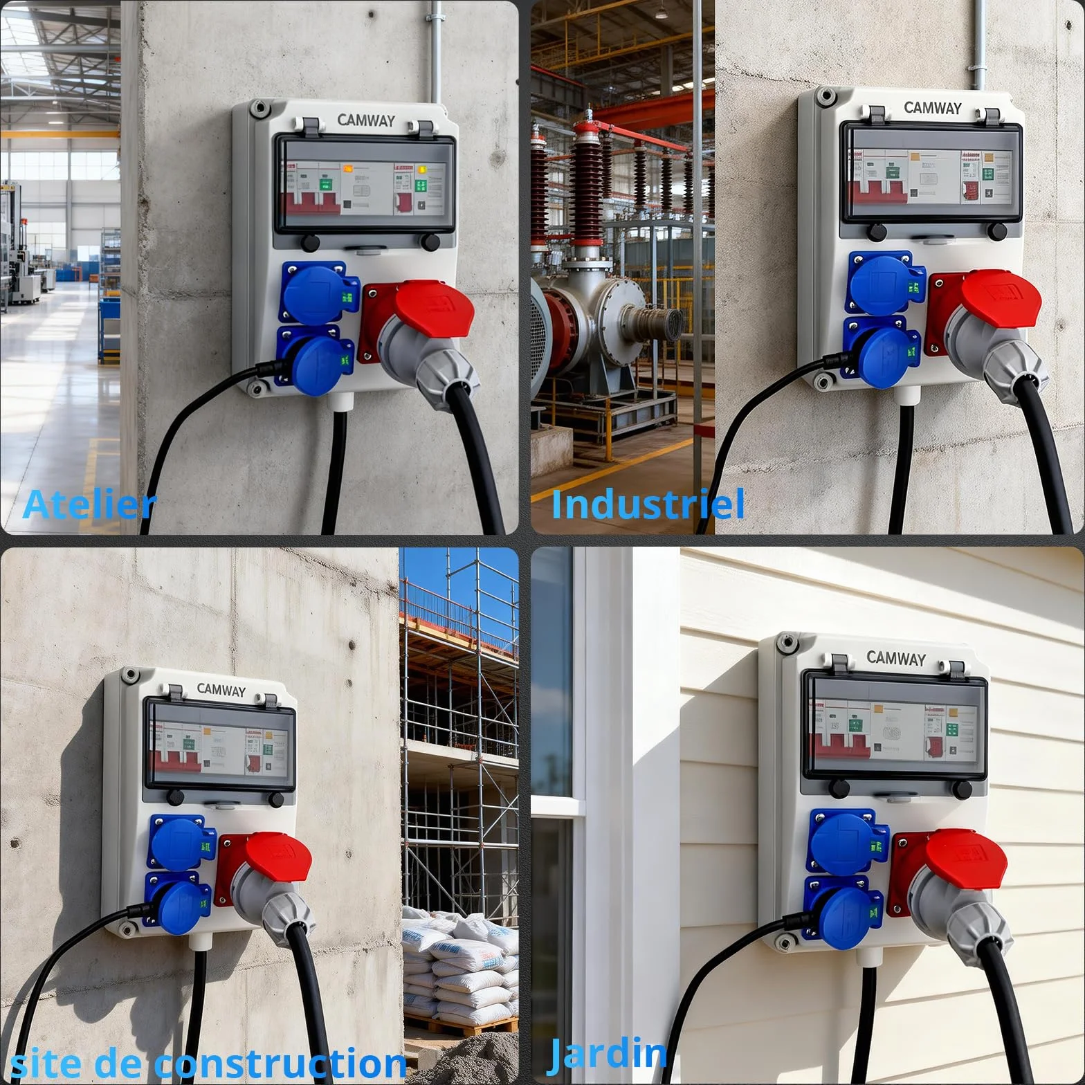CAMWAY Coffret Électrique de Chantier IP66 2 Prises Schuko 1 CEE16A Disjoncteur FI+LS