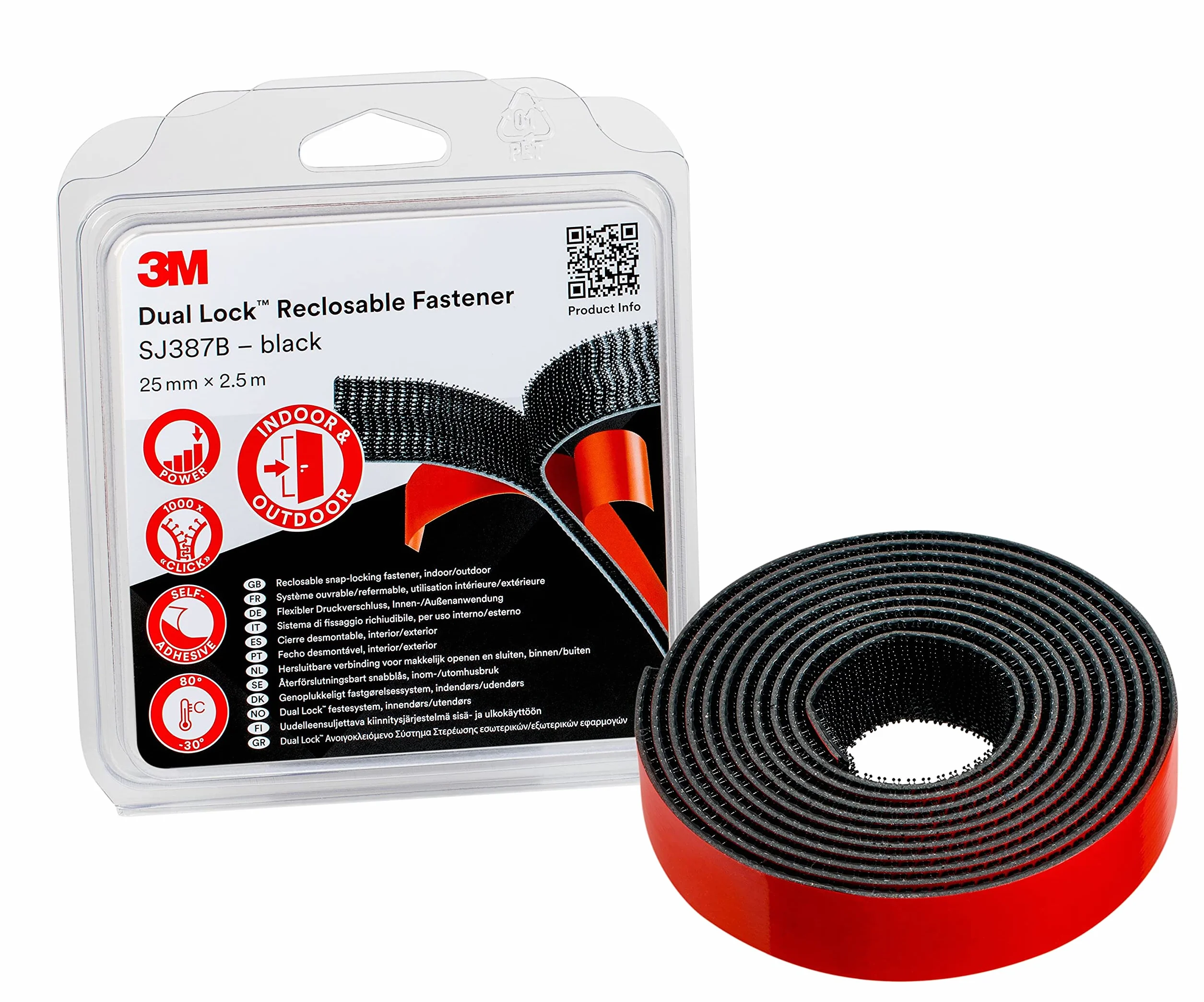 3M Dual Lock SJ387B, solutions de fixations amovibles, noir, 25mm x 2.5m, 6.1mm
