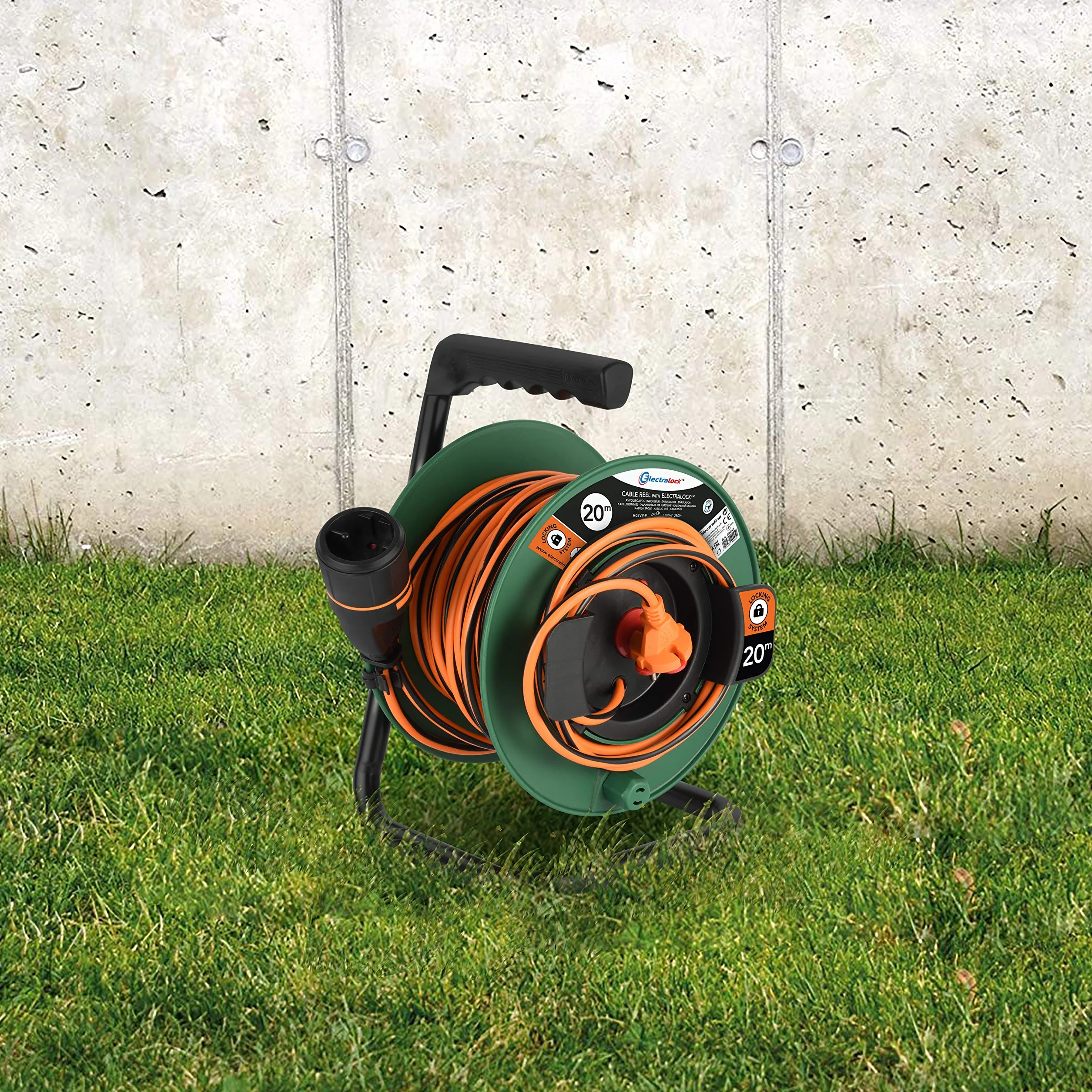 Electraline Rallonge Prolongateur Jardin avec Enrouleur 20 M 2 x 1.5 mm Prise Européenne Electralock Noir Orange