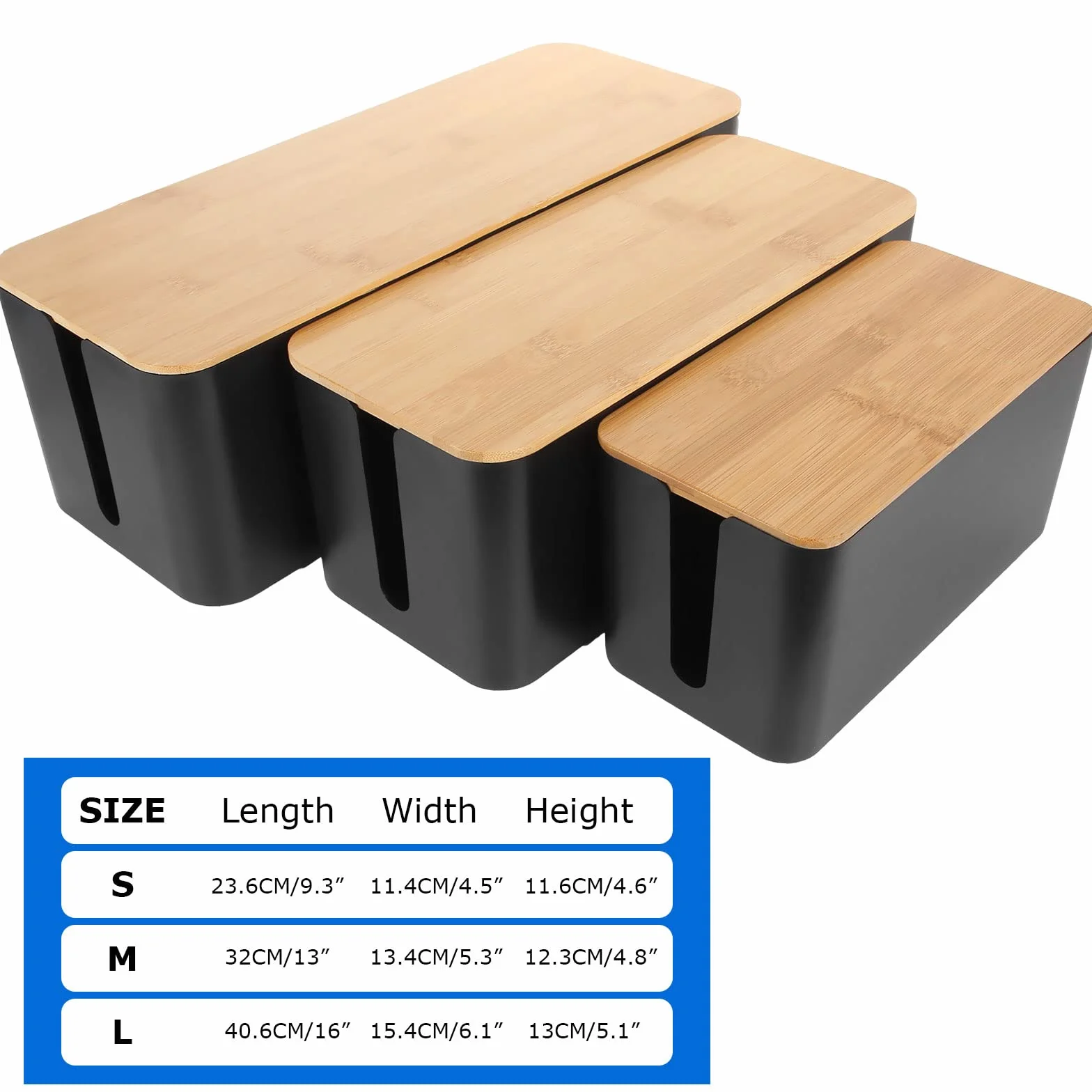 Boîte de Rangement de Câbles Noir, Cache Multiprise Électrique avec Couvercle Bois, 3 Pcs 3 Tailles