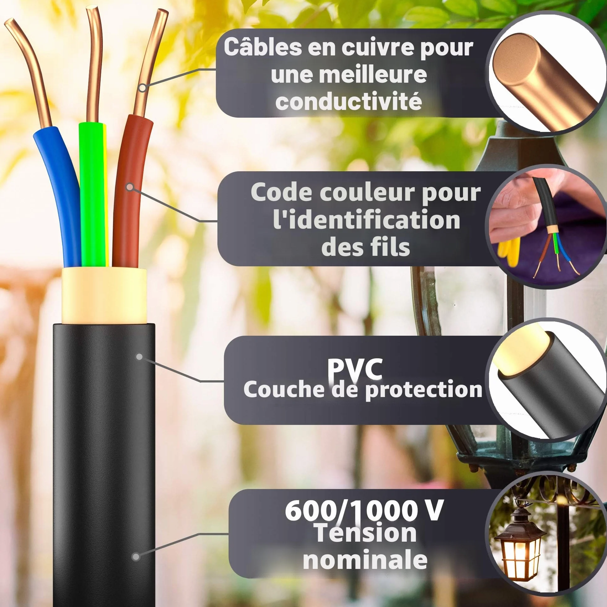 Câble d'alimentation NYY-J 3 x 2,5 mm² 20 m - Câble électrique extérieur et sous-sol